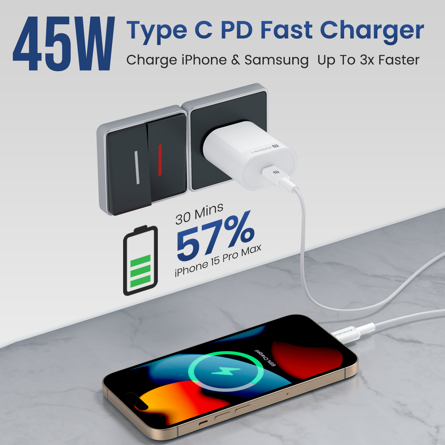 Portronics Adapto 45A USB Charger – High-performance Type C PD charging adapter with PPS technology for optimized voltage and current, protecting devices from overcharging and overheating while delivering fast and safe charging.
