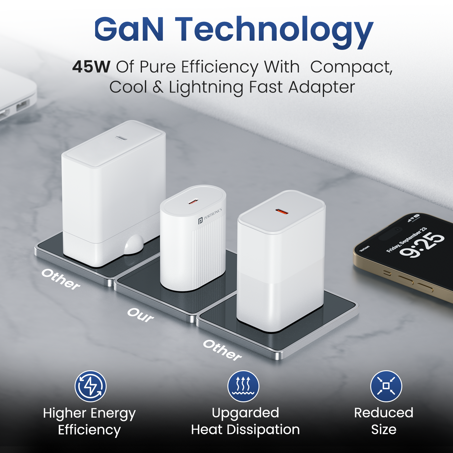 Portronics Adapto 45A Multi Charger – Universal Type-C charger adapter with global voltage compatibility (100-240V), designed for international travel, supporting fast charging for all USB-C-enabled gadgets and accessories.