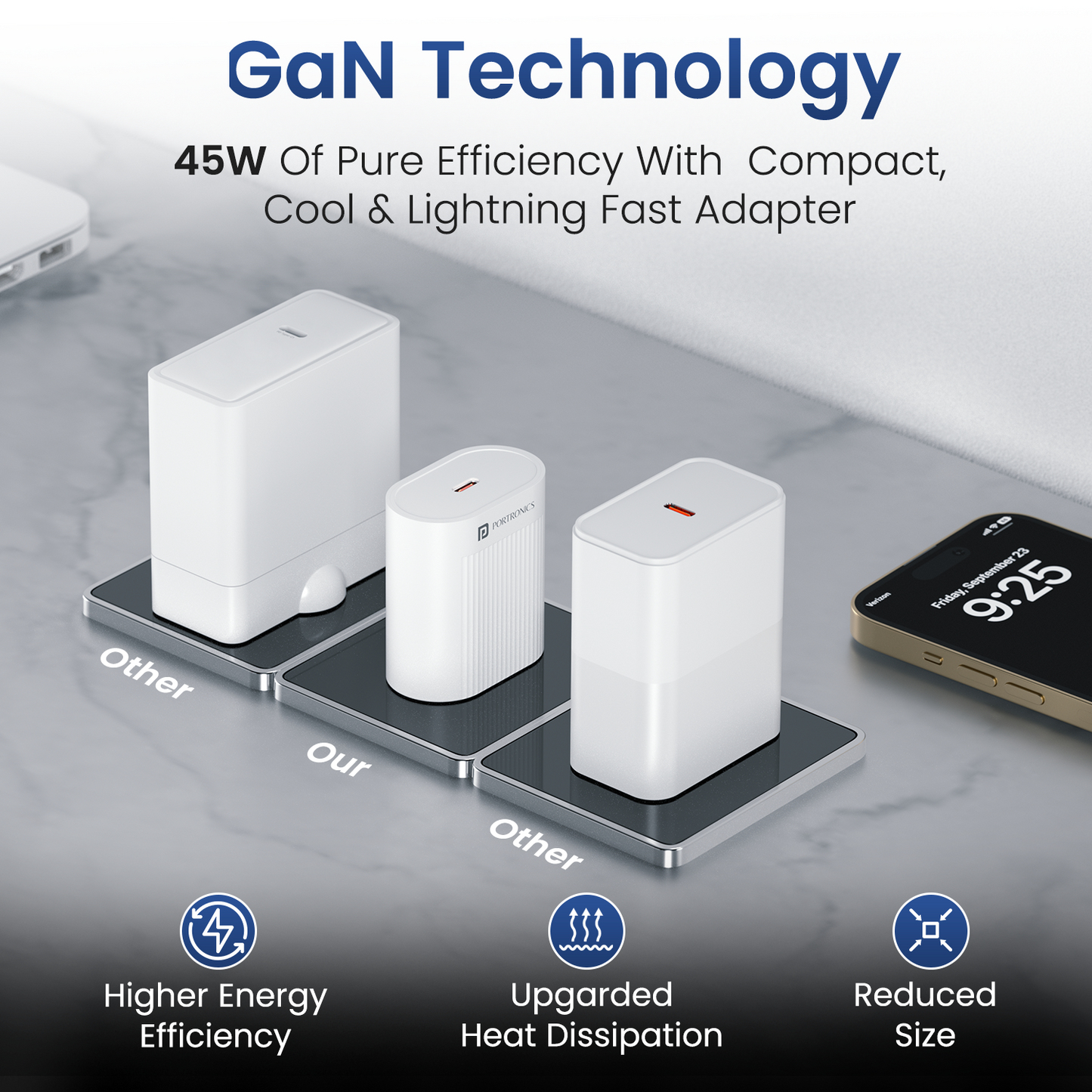 Portronics Adapto 45A Multi Charger – Universal Type-C charger adapter with global voltage compatibility (100-240V), designed for international travel, supporting fast charging for all USB-C-enabled gadgets and accessories.