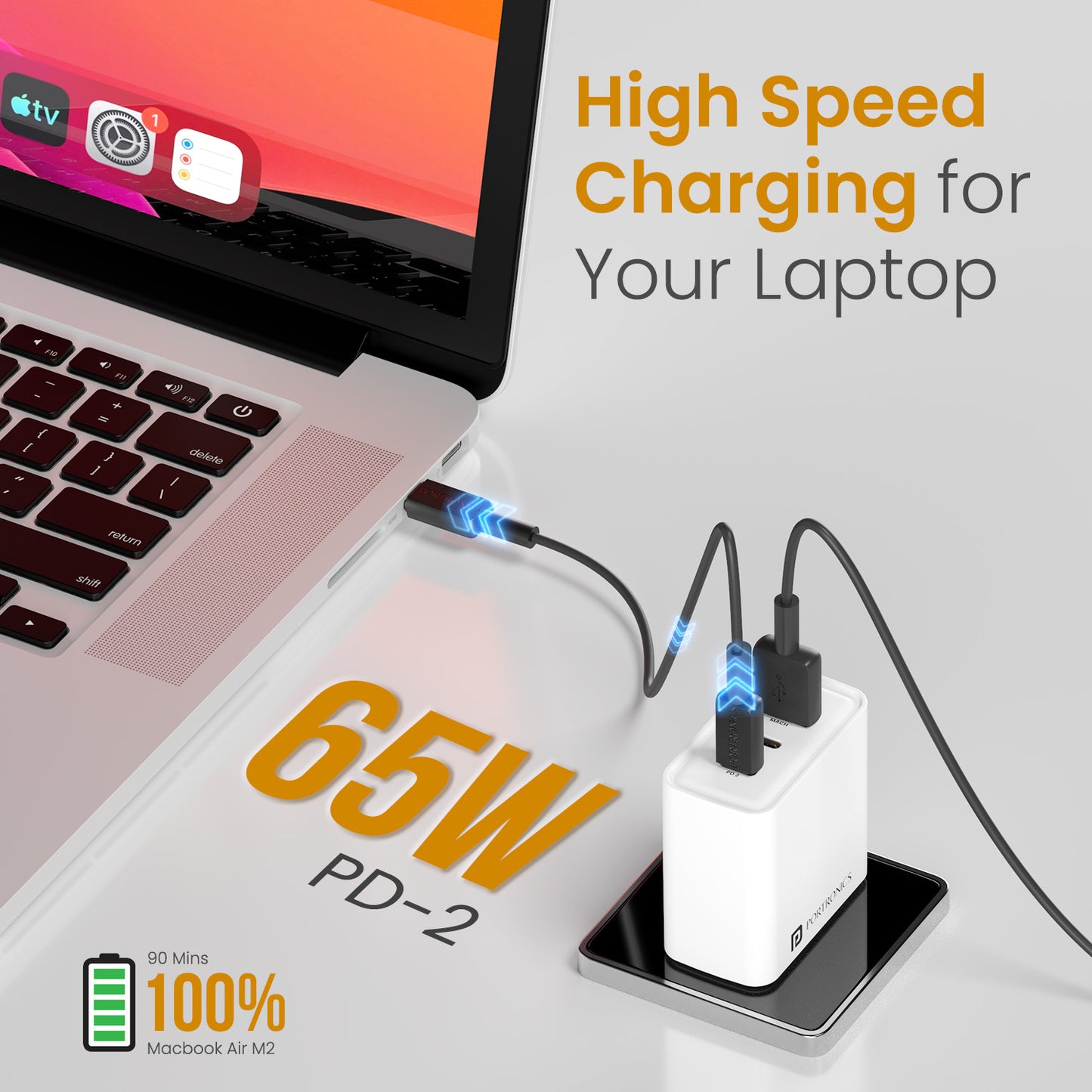 White Portronics Adapto 65M | 65W GaN Fast Charging Adaptor with dual Type-C PD ports for laptops, tablets, and smartphones