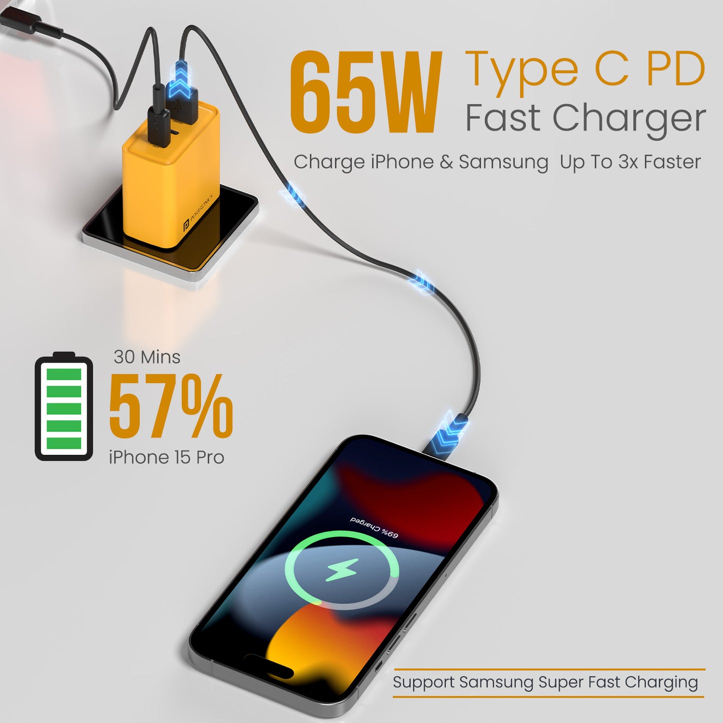 Yellow Portronics Adapto 65M | Reliable 65W fast charging adaptor for laptops, phones, and tablets with 6 months warranty

