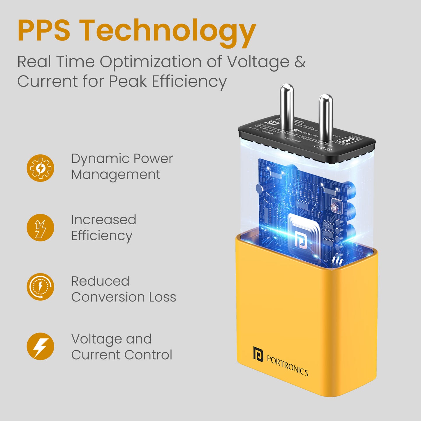 Yellow Portronics Adapto 65M | PPS and Power Delivery supported Type C PD Charging Adaptor for MacBook and Windows laptops
