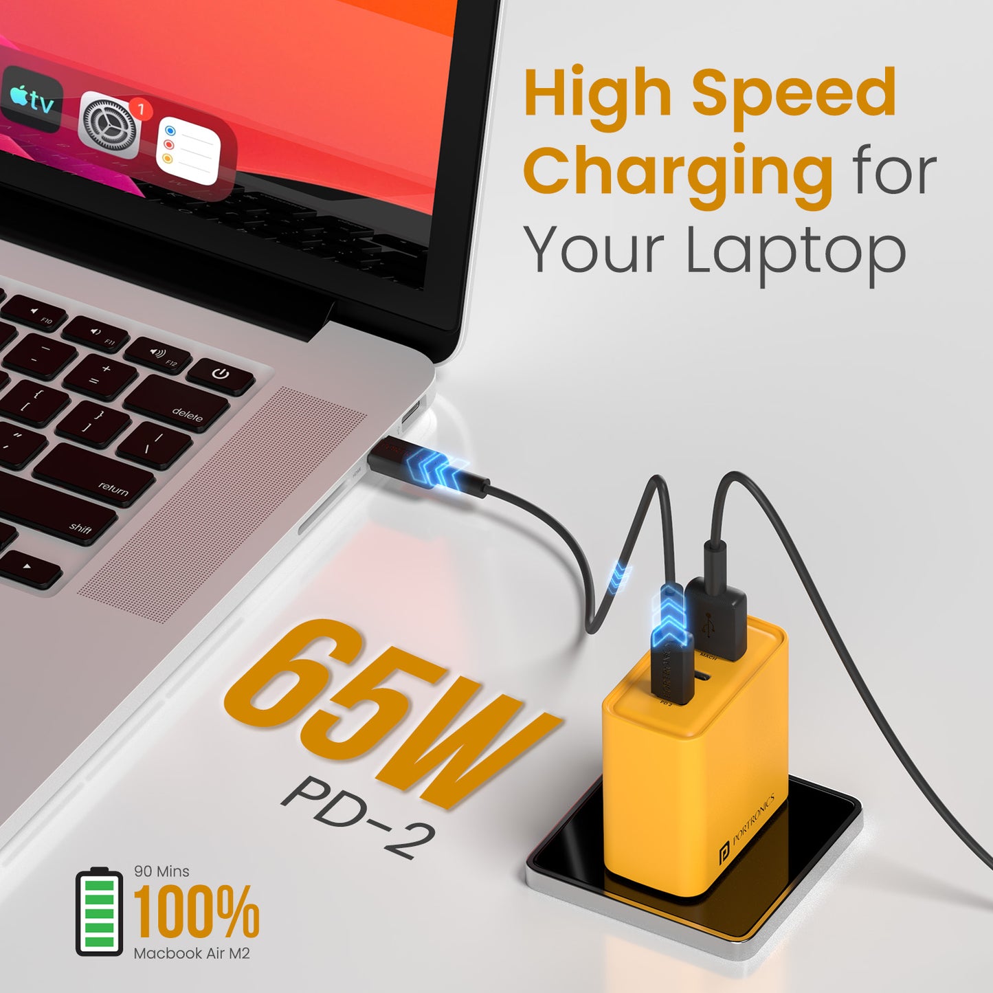 Yellow Portronics Adapto 65M | Dual Type-C ports fast charger adapter for laptops, tablets, and mobile charging at full speed