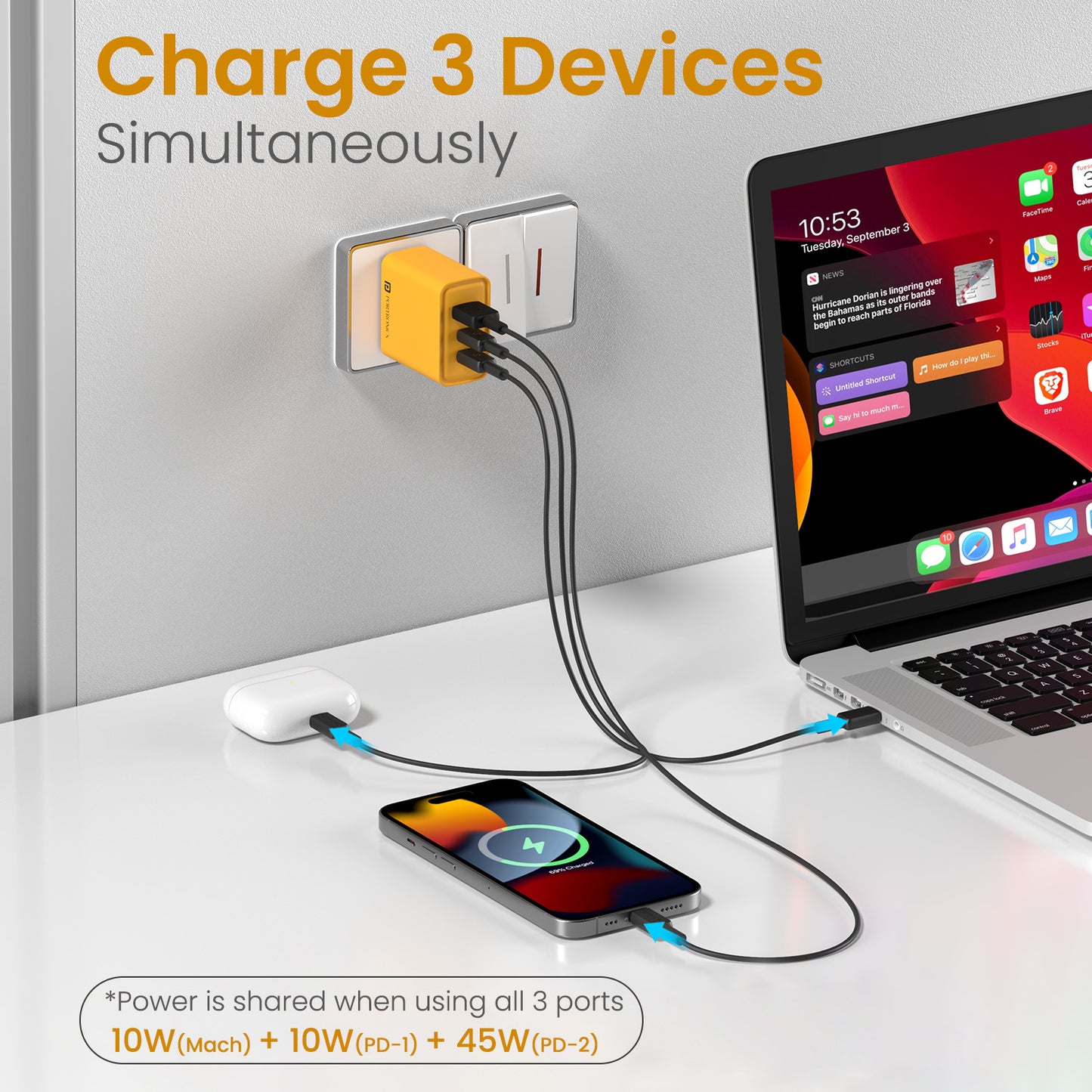 Yellow Portronics Adapto 65M charger adaptor for laptop| Triple output charger adaptor with 2 USB Type-C and 1 USB-A ports for multi-device fast charging