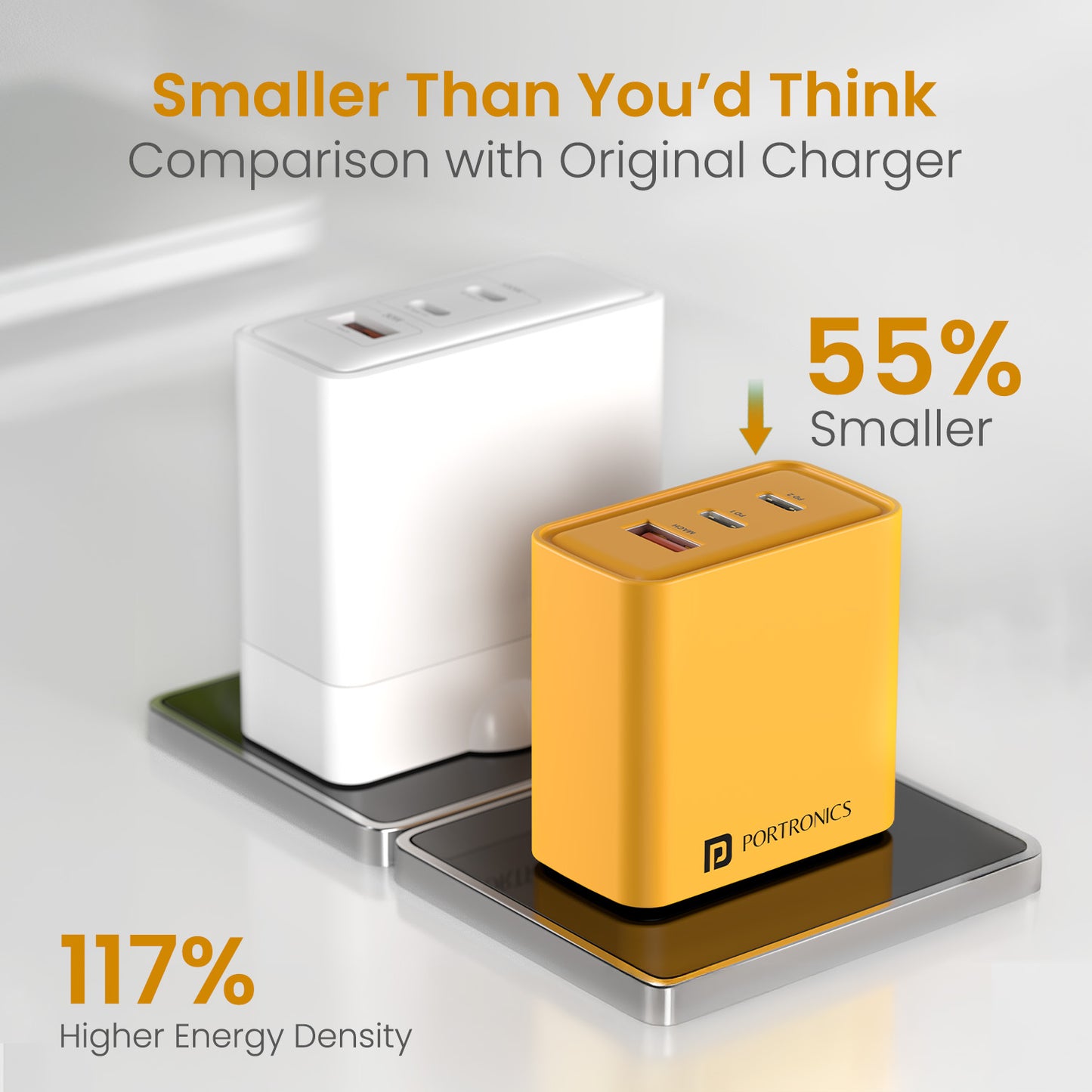Yellow Portronics Adapto 65M | Compact and travel-friendly fast charger adaptor for laptops, phones, and tablets on the go