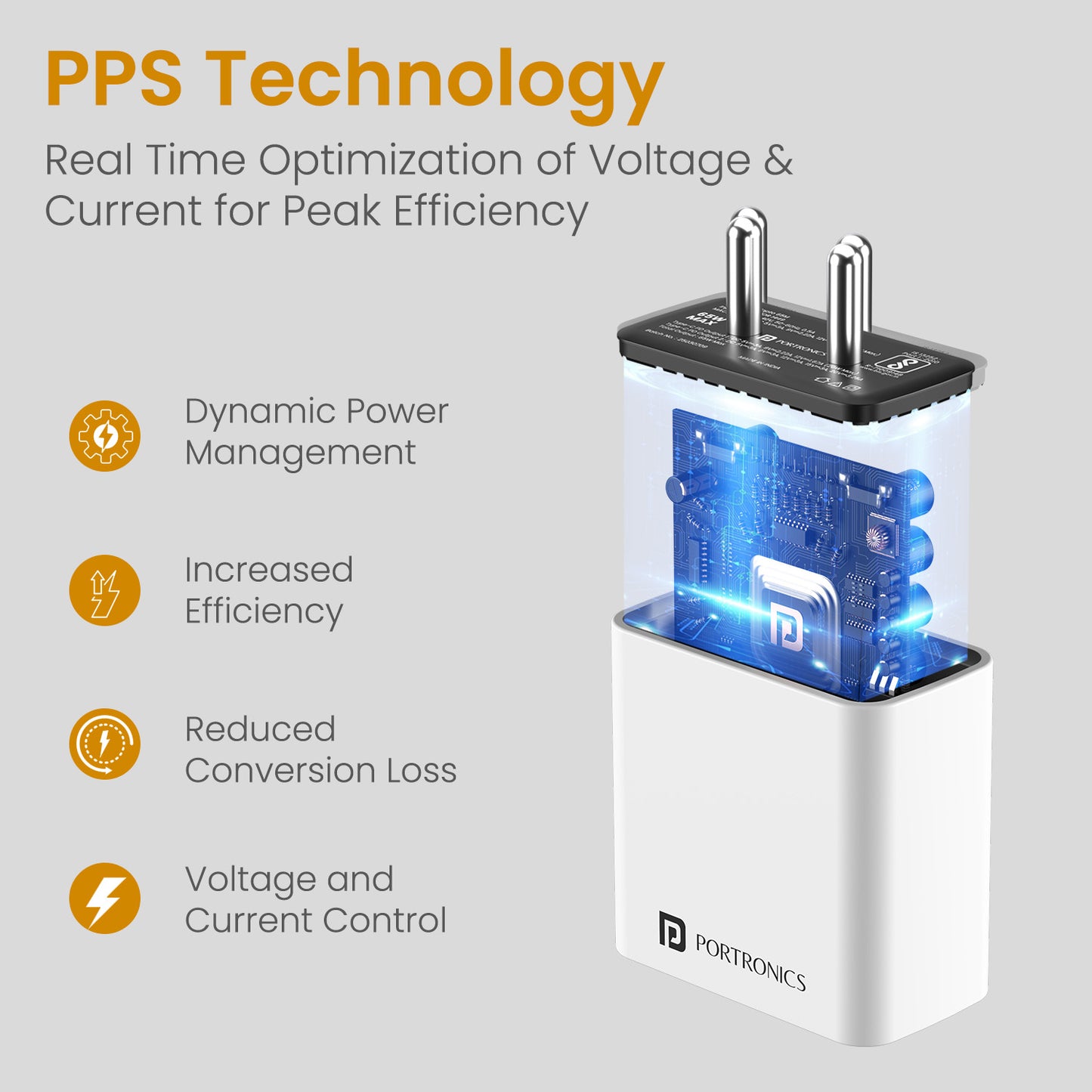 White Portronics Adapto 65M | Optimized laptop charger adaptor with smart power delivery and reliable fast charging performance