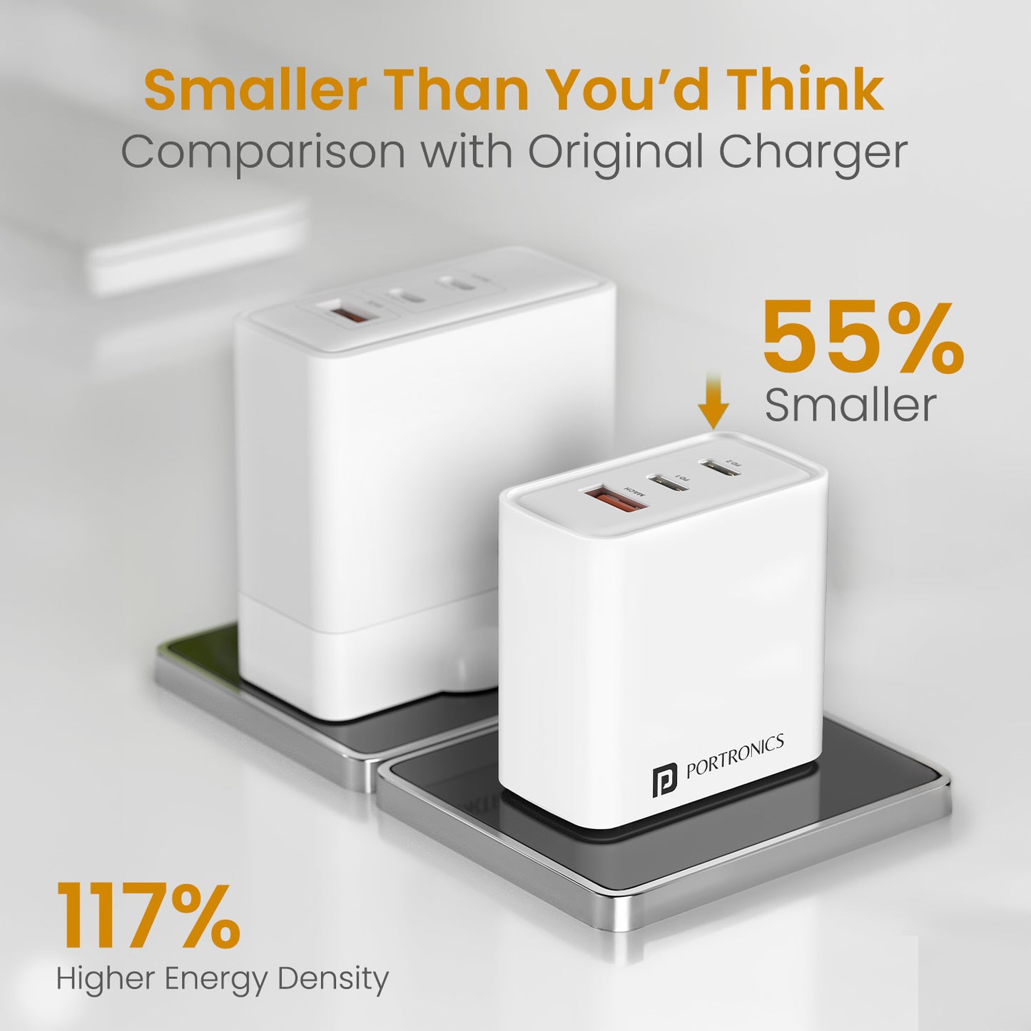 White Portronics Adapto 65M | Optimized laptop charger adaptor with smart power delivery and reliable fast charging performance