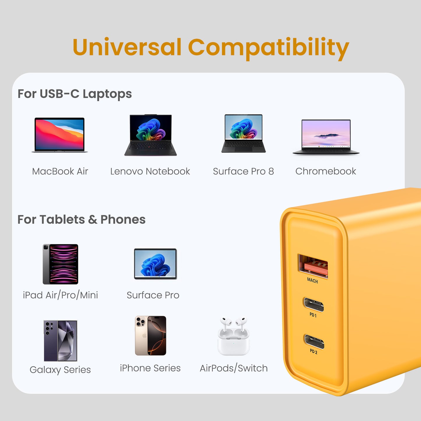 Yellow Portronics Adapto 65M | Triple output charger adaptor with 2 USB Type-C and 1 USB-A ports for multi-device fast charging| universal type c charger
