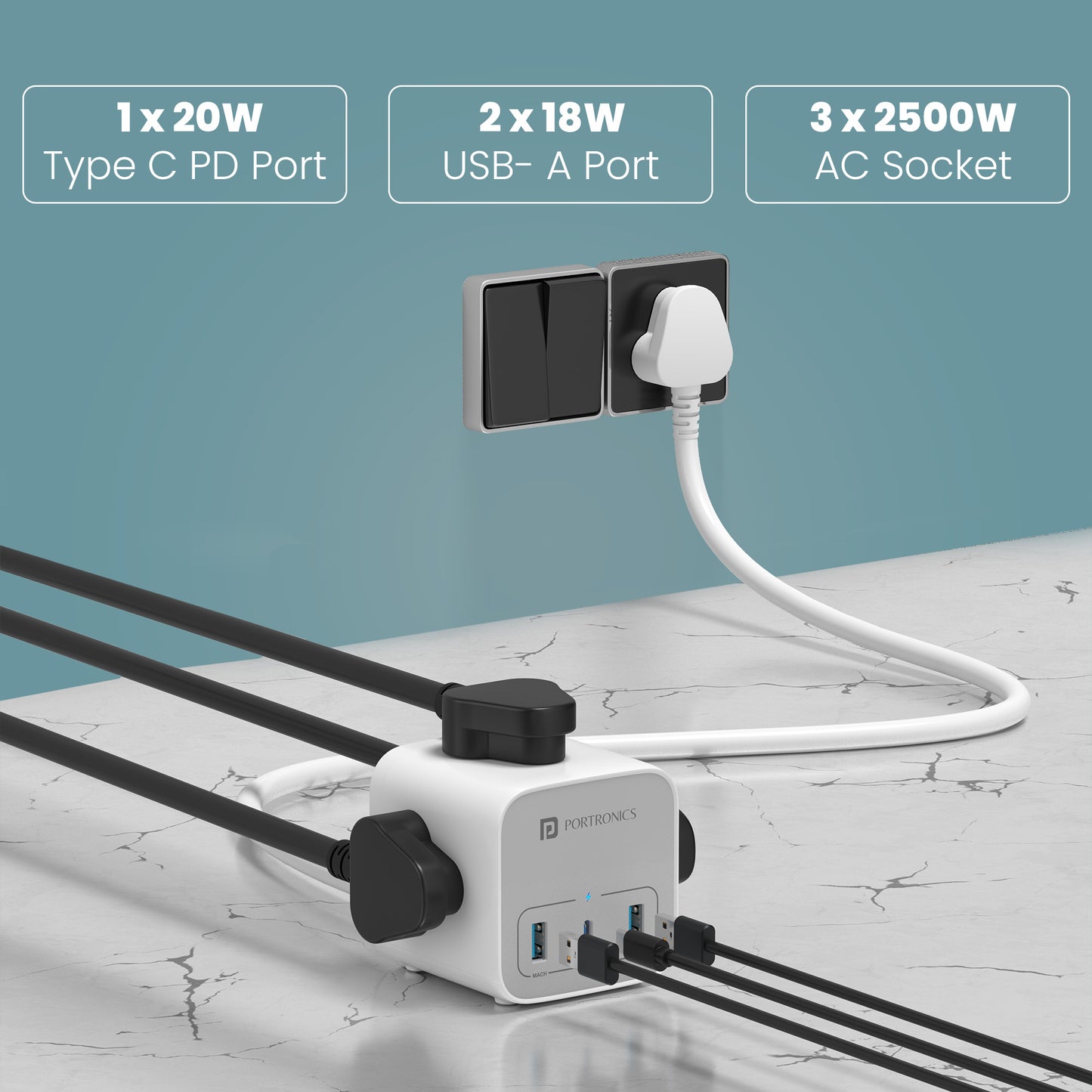 6 in 1 Portronics Adapto volt 20 2500w high quality power extension come with 3 ac socket| extension board with 3 usb port