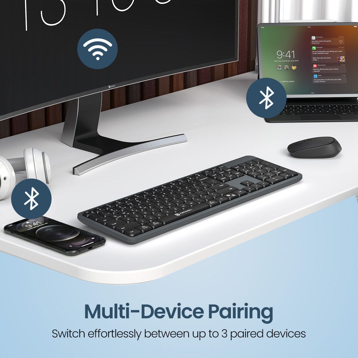 Portronics Akshr Prime Computer Keyboard | Dual wireless modes BT and 2.4GHz | wireless keyboard for computer laptop and tablet users