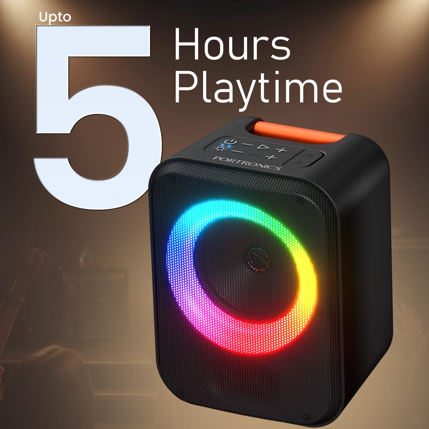 Portronics Apollo 30 | Bluetooth Karaoke Speaker with Wireless Mic & FM Radio | Experience HD stereo audio with vibrant RGB lights and adjustable echo settings. This portable wireless speaker with mic from Portronics is designed for those who love singing, entertainment, and travel — featuring AUX input, Type-C charging, and a rechargeable battery for continuous play of 5hr.