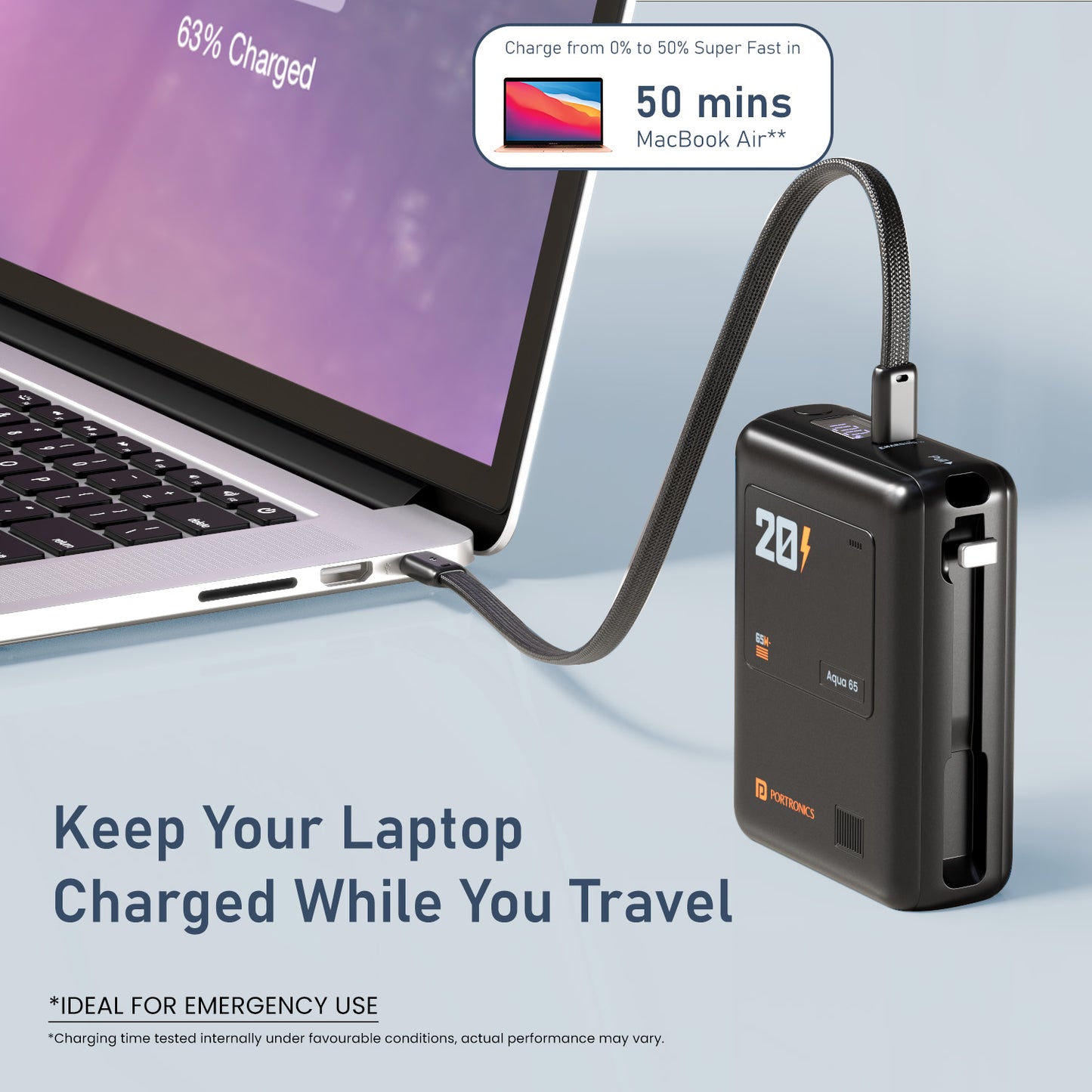 Portronics Aqua 65 20000 mAh Fast Charging Power Bank | Premium compact design with lanyard support | portronics slim power bank for mobile iphone and tablets