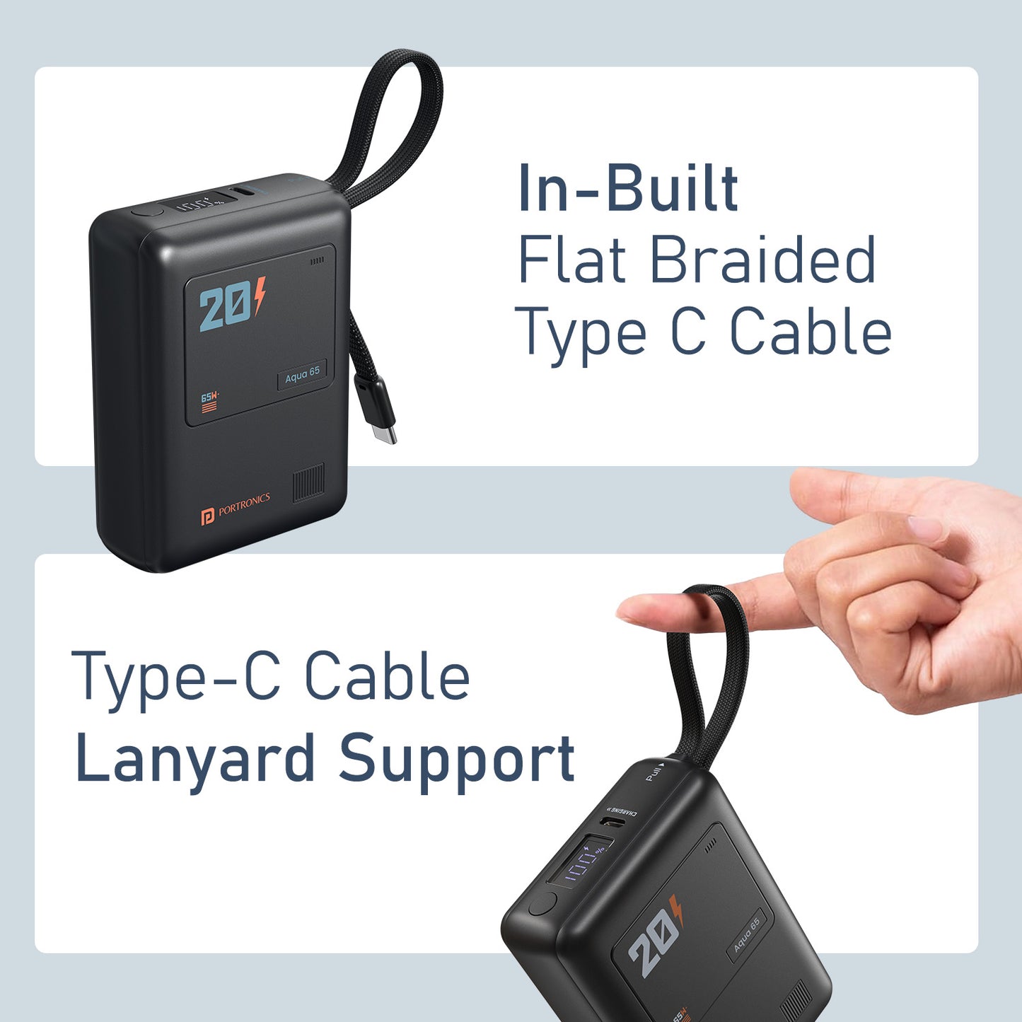 Portronics Aqua 65 20000mAh Powerbank | Built-in flat braided Type-C cable for dual device charging | pocket power bank and mini power bank style portability