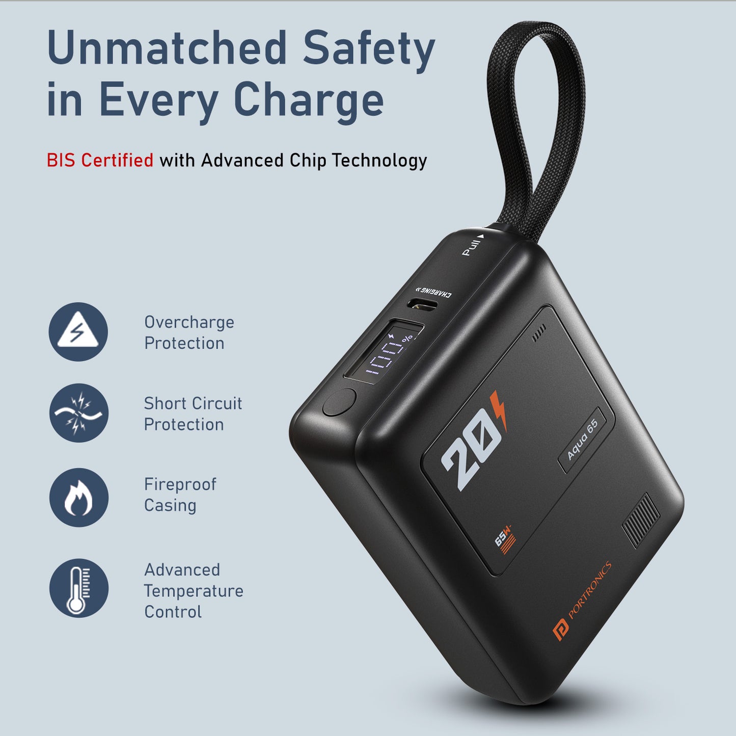 Portronics Aqua 65 65W Fast Charging Powerbank | High-efficiency lithium battery with smart power management | best power bank in 20000mAh power banks category