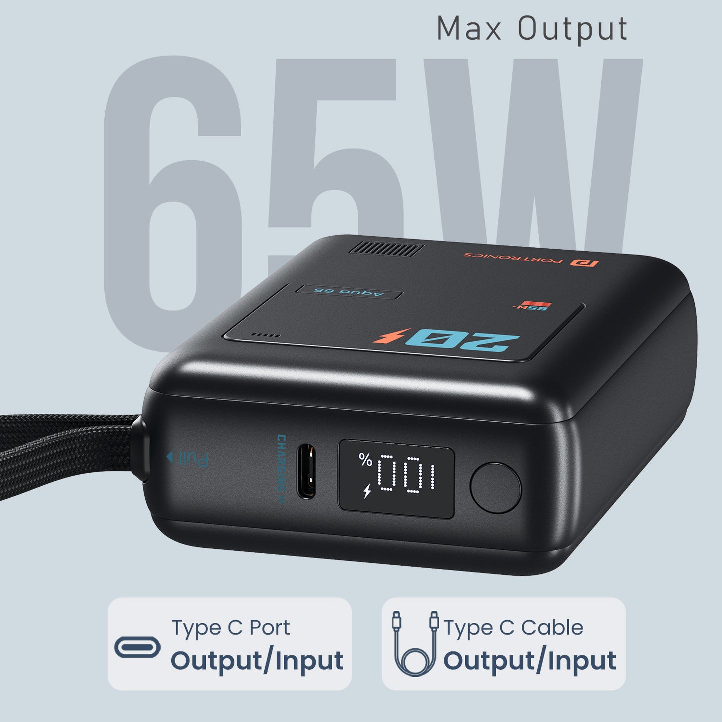Portronics Aqua 65 Fast Charging Powerbank | 65W super fast charging power bank with Type-C PD input output | power bank for laptop students professionals and daily travel