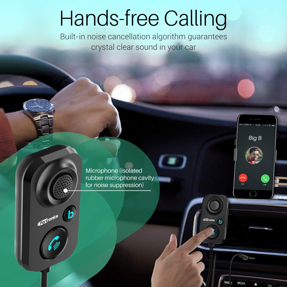 Portronics Auto 12 Wireless car receiver with smart audio connector for cars, featuring support for phone calls, Android pairing, and crystal clear sound with bass boost