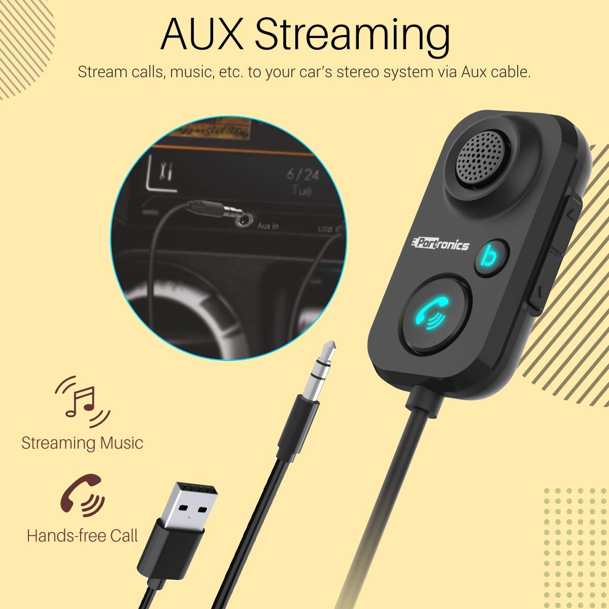 Portronics Auto 12 Wireless car receiver with aux audio connector for cars, featuring support for phone calls, Android pairing, and crystal clear sound with bass boost