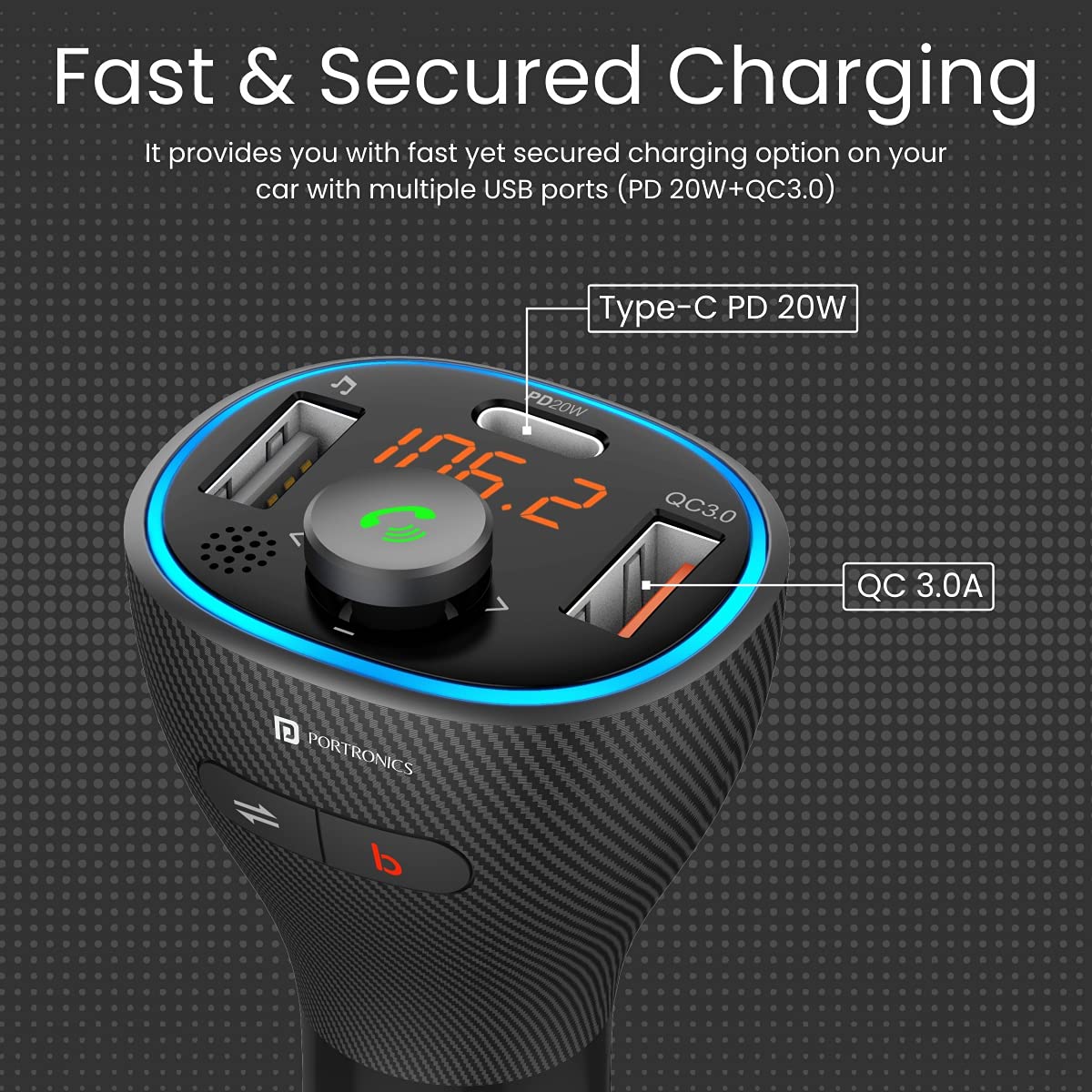 Multi-functional Portronics Auto 15 Wireless Audio Connector for Cars with music streaming, hands-free calls, and fast charging support