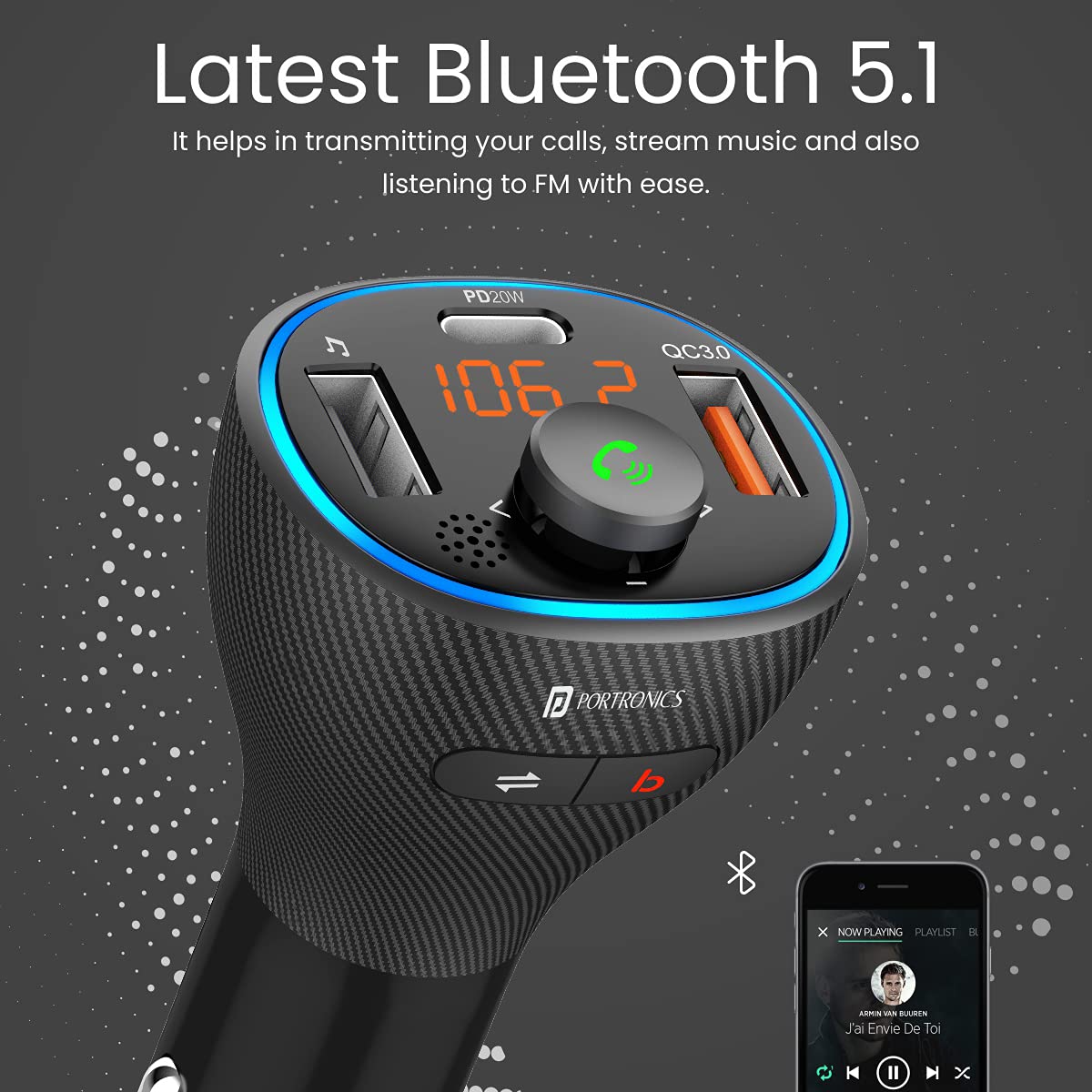 Portronics Auto 15 Wireless Audio Connector compatible with all car models, designed for seamless Bluetooth connectivity and voice assistance