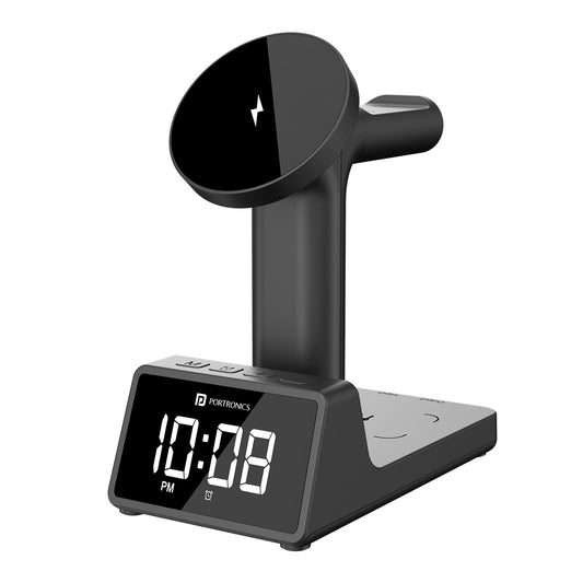 Portronics BELLA 2 3 in 1 Wireless Charger | Ideal for bedside charging with 15W MagSafe wireless output and built-in digital alarm clock with battery backup | wireless charger with clock for daily use