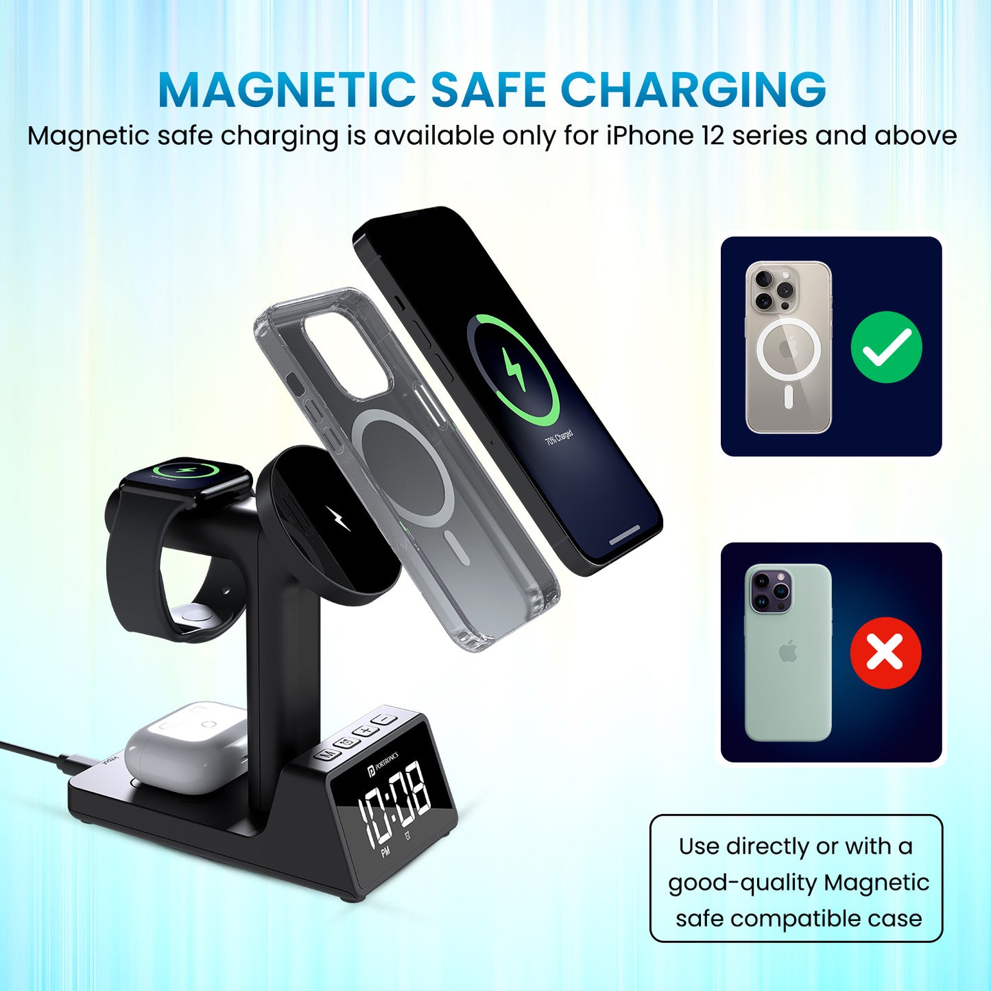 Portronics BELLA 2 iPhone Wireless Charger | Ideal for daily use with magnetic wireless charging and digital LED clock with snooze | iphone wireless charger for bedside convenience