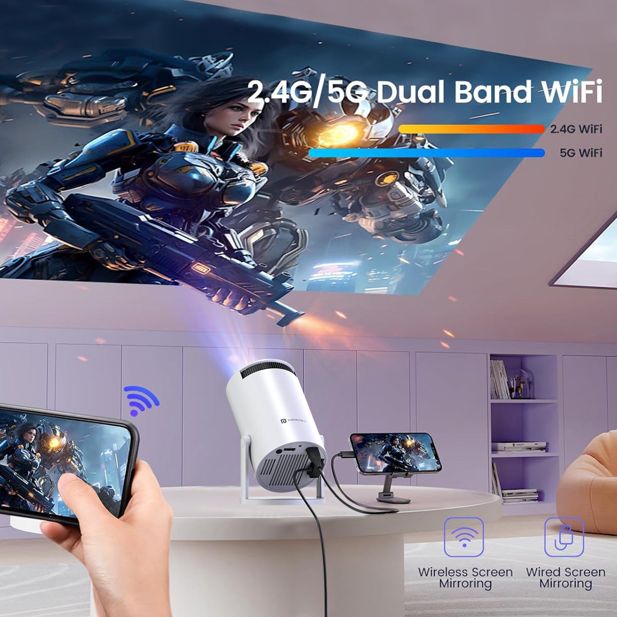 Portronics Beem 440 Smart LED Projector | Adjustable 40 to 150 inch screen size with manual focus | home projector delivering big-screen movie projector for home experience
