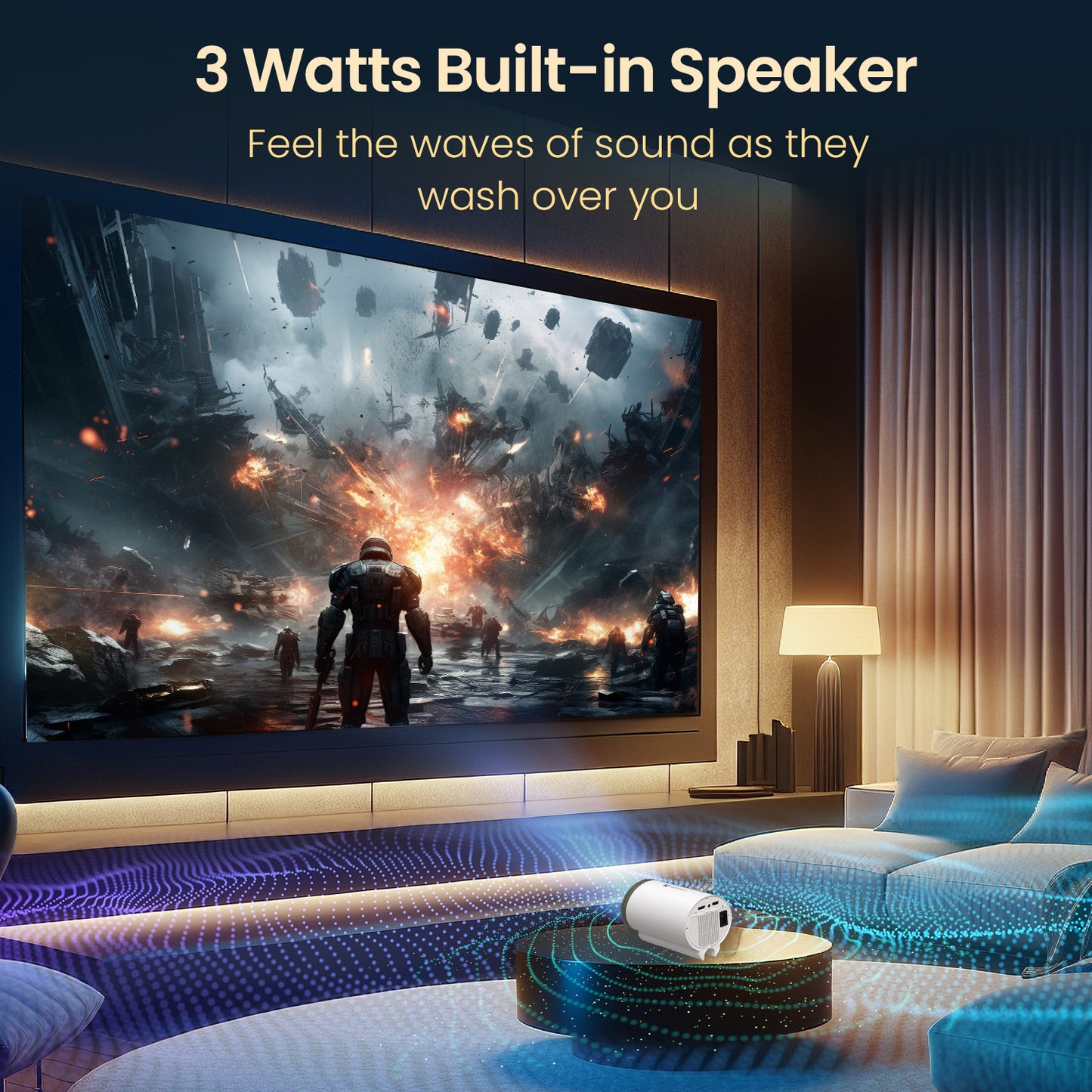 Portronics Beem 520 Smart LED Projector is a compact and mini portable projector with wireless connectivity, sharp visuals, and tiltable screen adjustment, making it an excellent home projector with 3 watts 