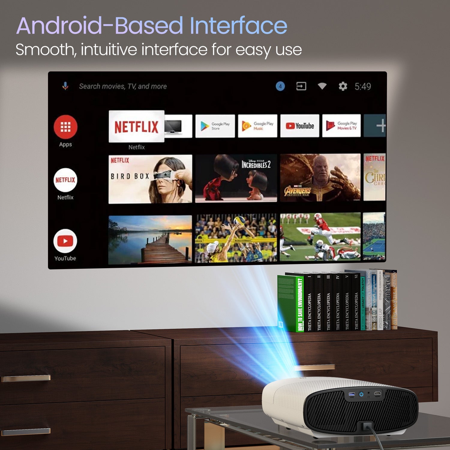 Portronics Beem 530 LED Projector for home theater with wireless screen mirroring, Android-based UI, and auto-focus, making it a top mini portable projector for any space.
