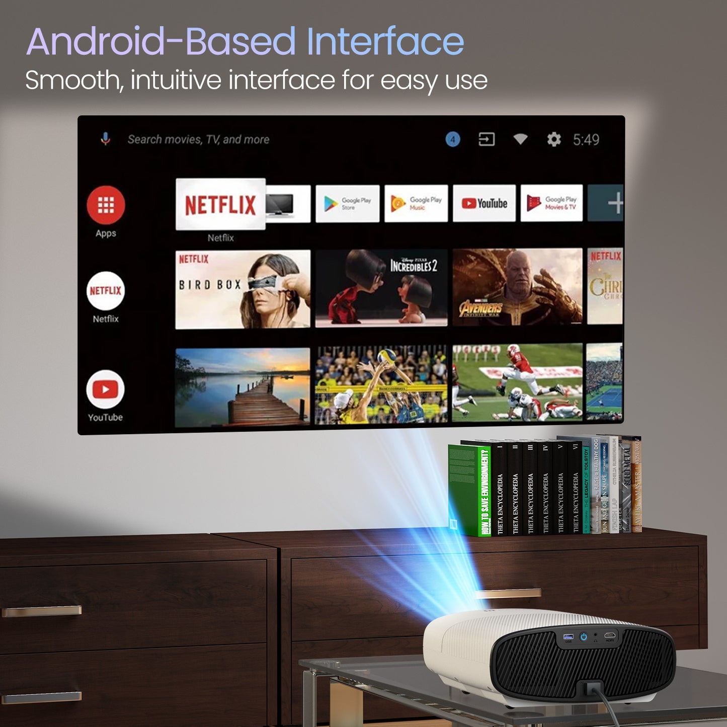 Portronics Beem 530 LED Projector for home theater with wireless screen mirroring, Android-based UI, and auto-focus, making it a top mini portable projector for any space.
