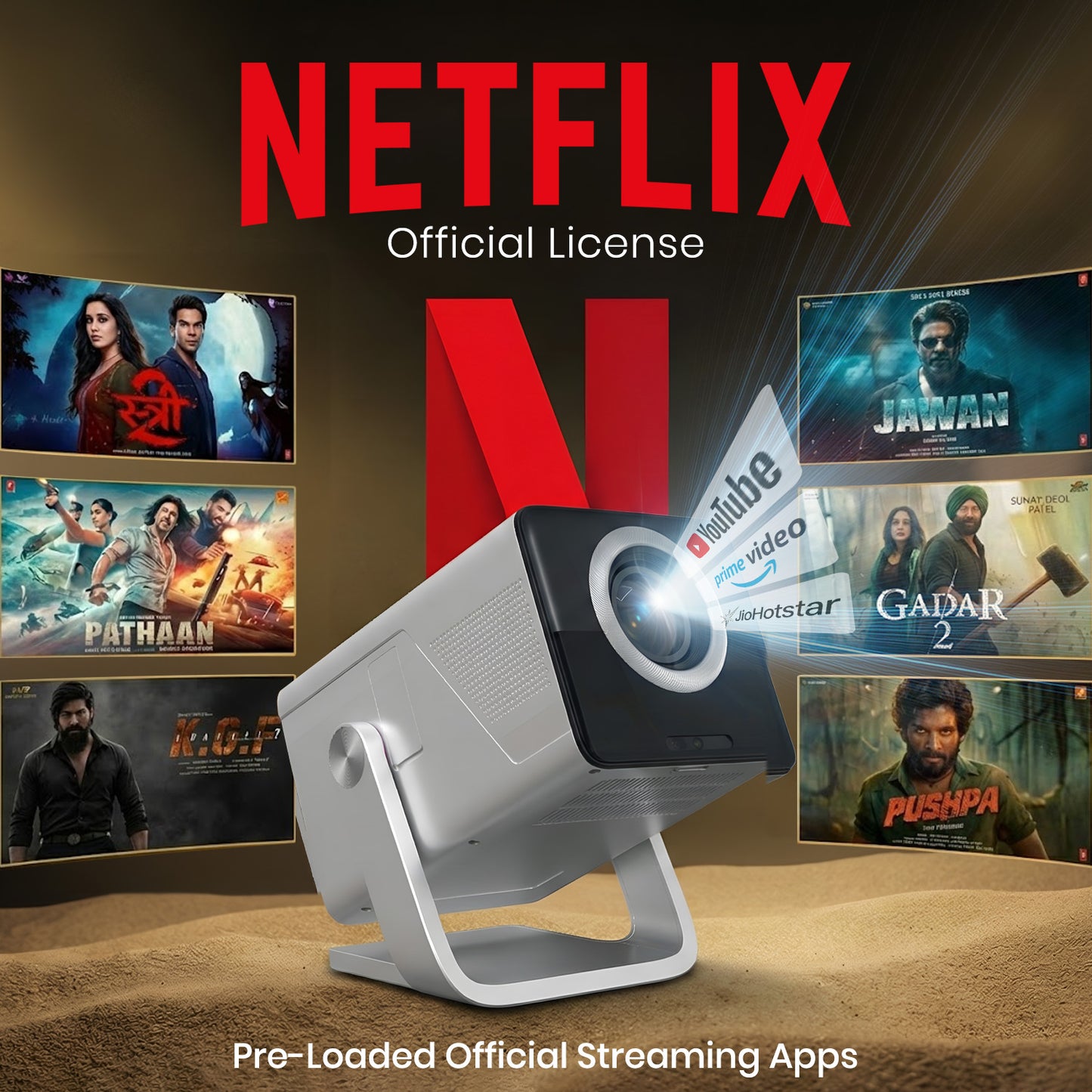 Portronics Beem 570 Certified Netflix  Projector for Home – Pre-Loaded Streaming Apps Including YouTube, Prime Video and JioHotstar
