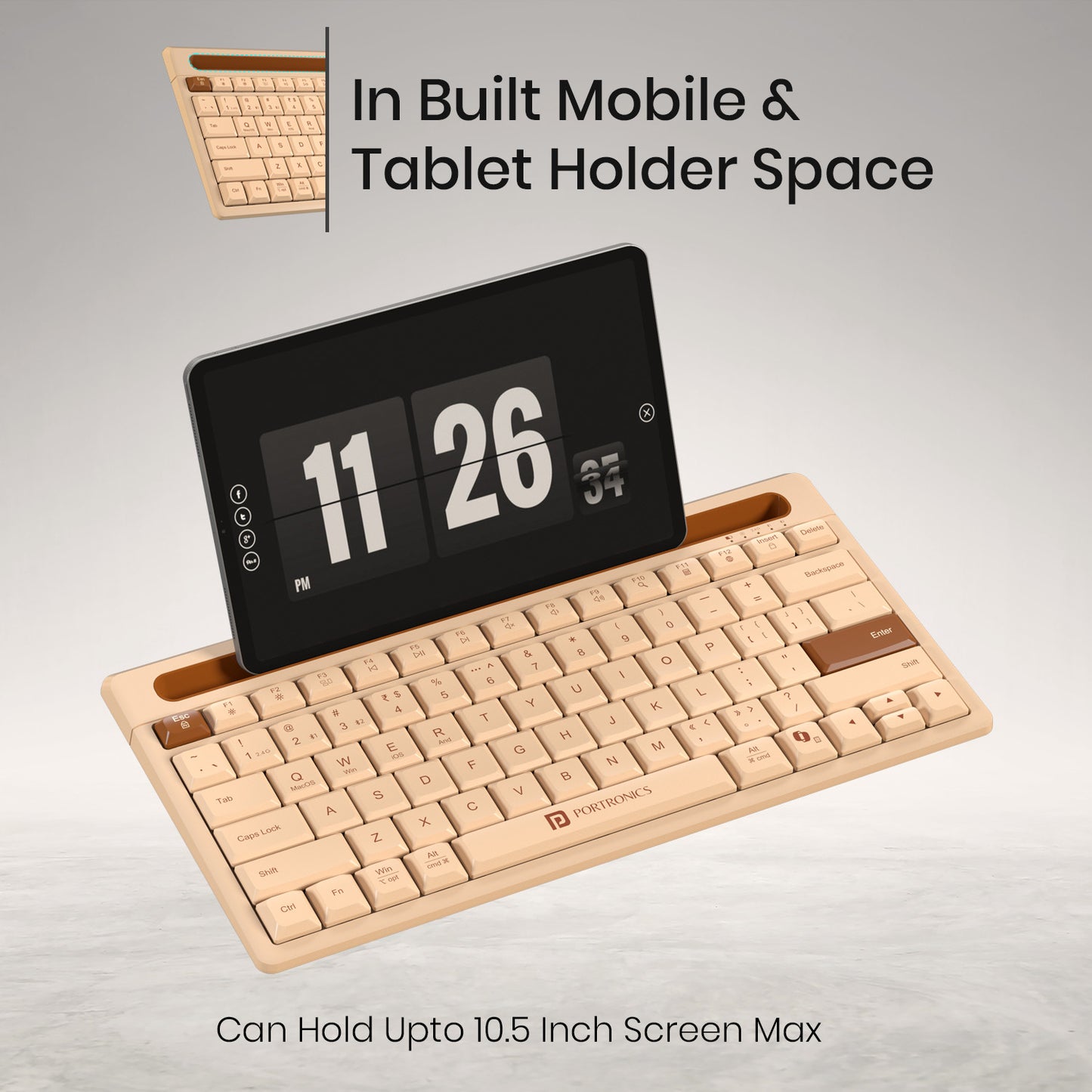 Beige Portronics Bubble Dock 2.0 Tablet Keyboard with Case-Style Dock | Integrated holder for hands-free content viewing | This tablet keyboard keeps your device secure while typing.