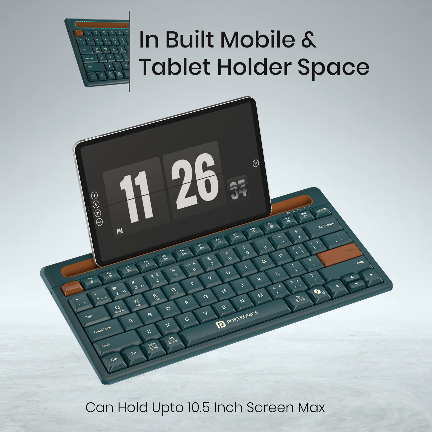 Green Portronics Bubble Dock 2.0 Tablet Keyboard with Case-Style Dock | Integrated holder for hands-free content viewing | This tablet keyboard keeps your device secure while typing.