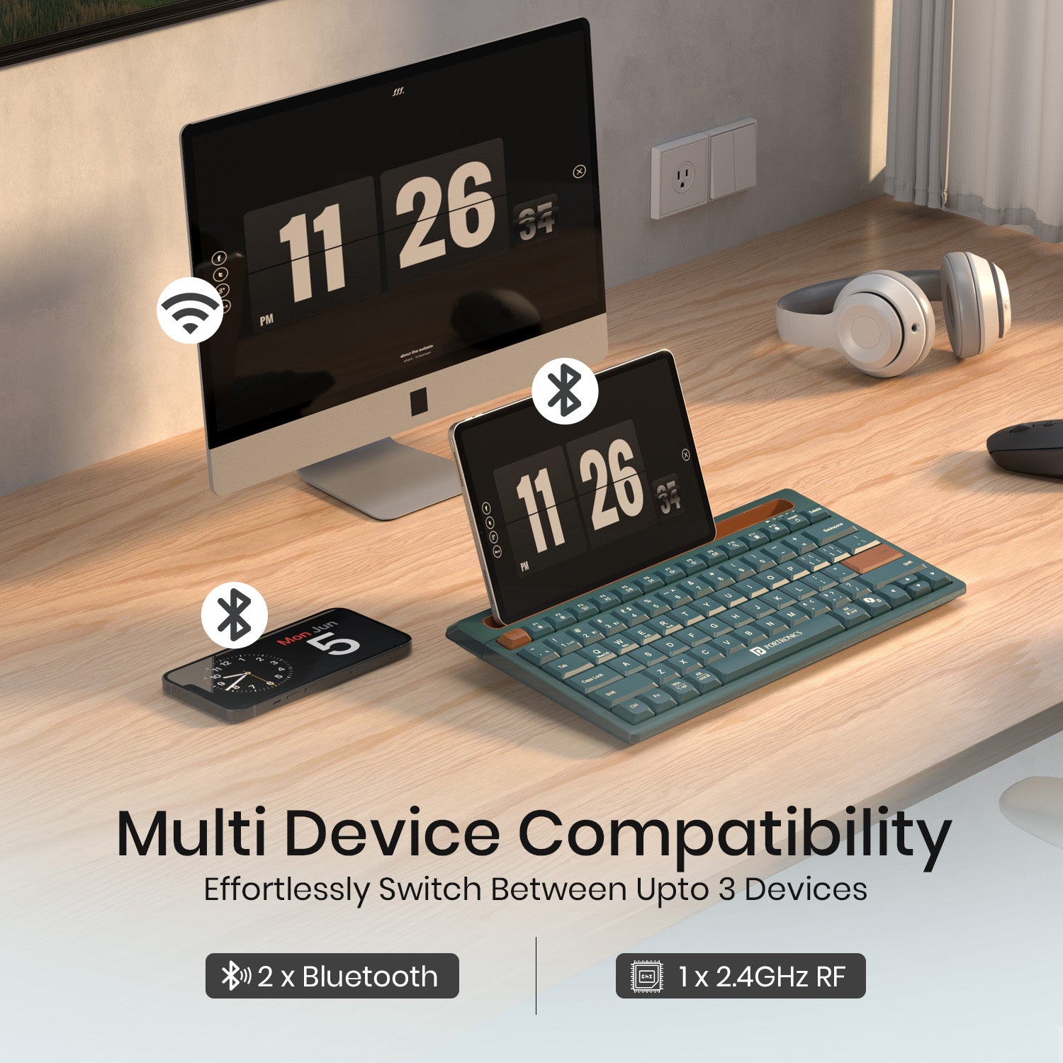 Green Portronics Bubble Dock 2.0 Wireless Keyboard | Multi-device pairing for smartphones, laptops and tablets | This wireless keyboard connects instantly to multiple devices.
