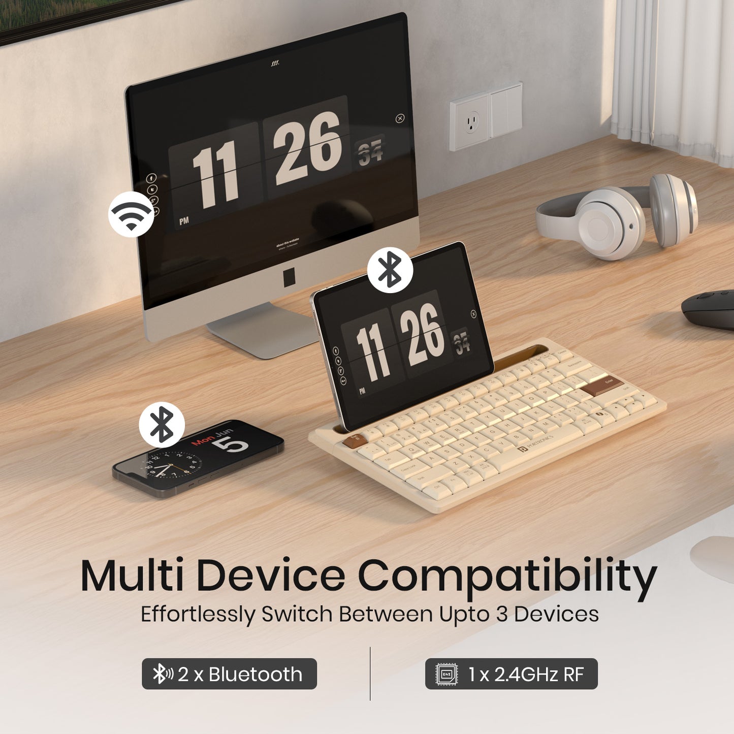 Beige Portronics Bubble Dock 2.0 Keyboard for Laptop | Multi-device pairing and silent operation | This keyboard laptop option offers reliable wireless performance all day.