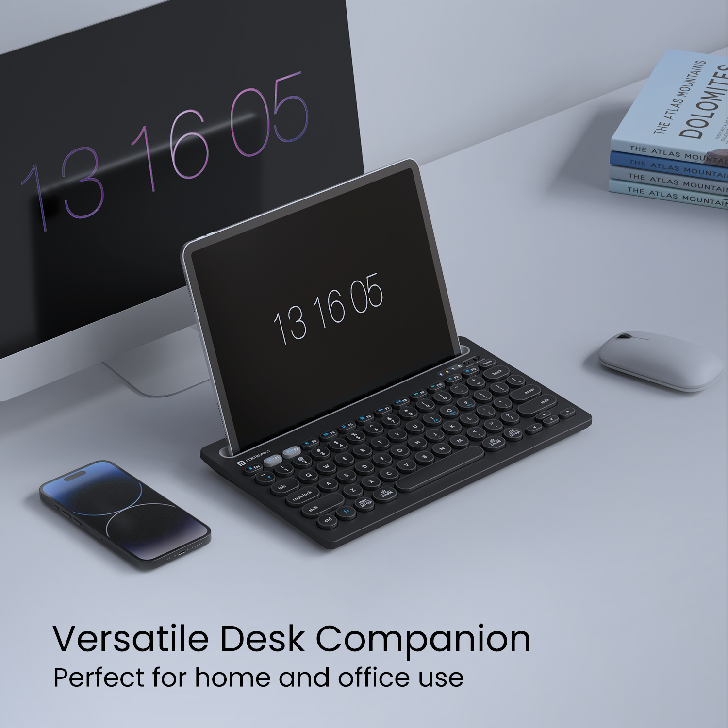 Black Portronics Bubble Dock keyboard for tablet, offering smooth and precise keystrokes with universal compatibility across iOS, Android, Windows, and Mac OS devices