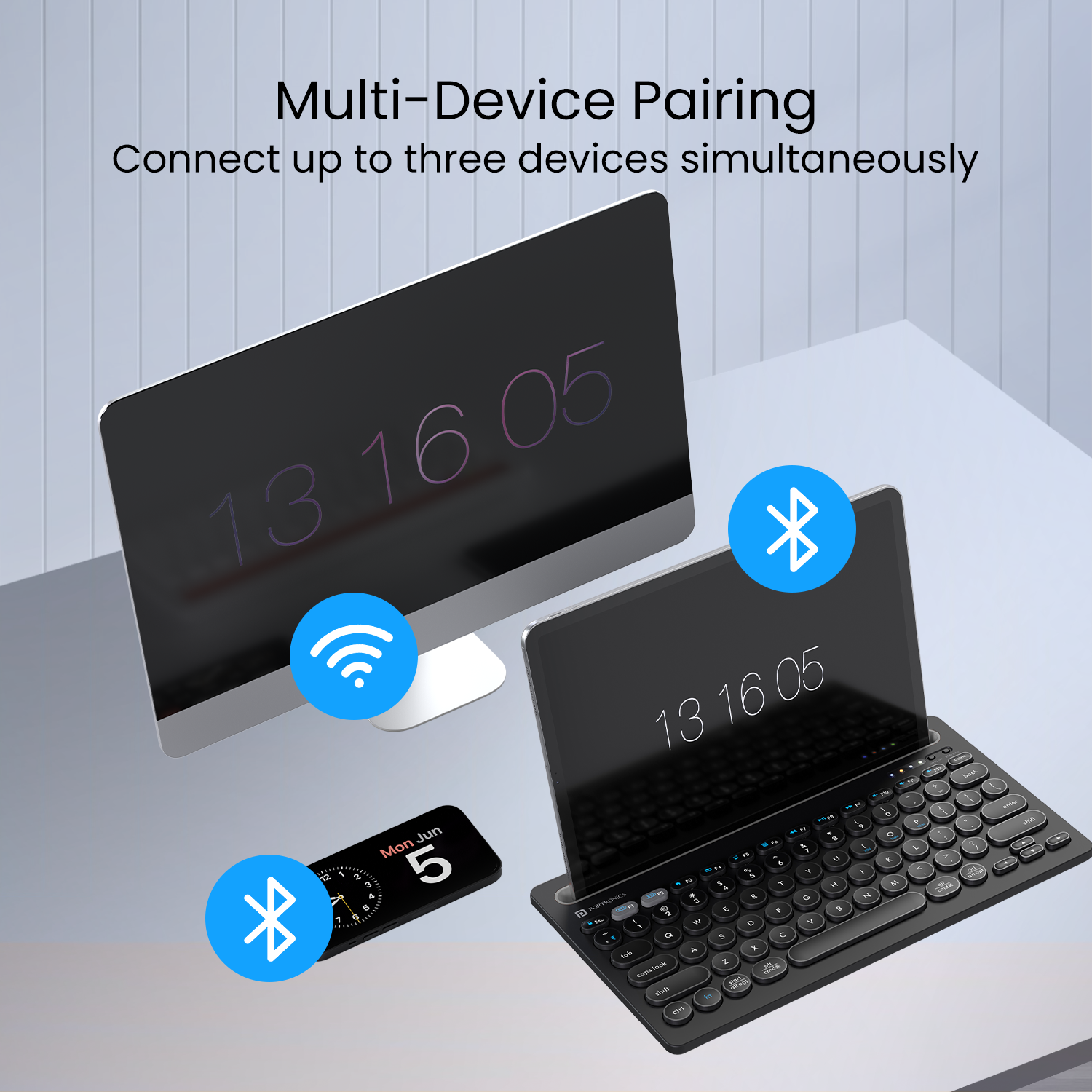 Black Portronics Bubble Dock keyboard for tablet, offering smooth and precise keystrokes with universal compatibility across iOS, Android, Windows, and Mac OS devices