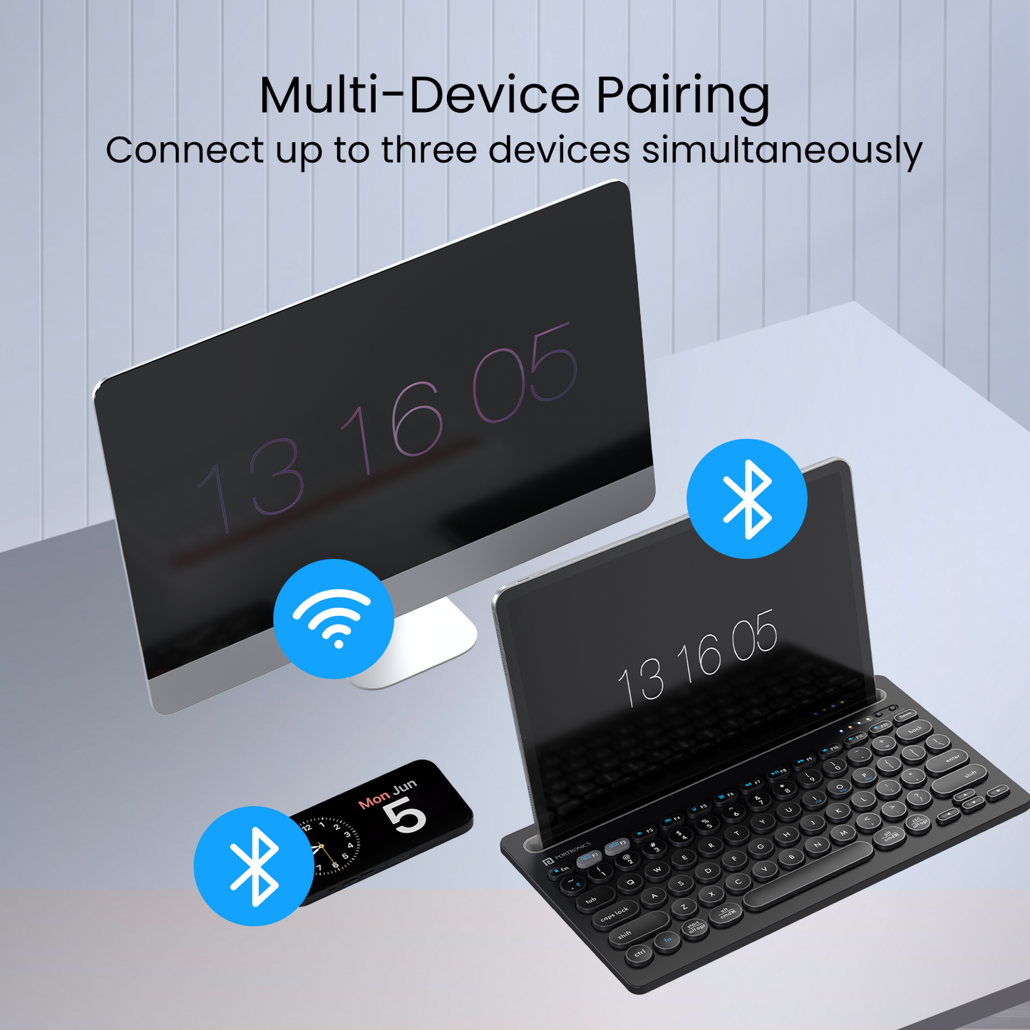 Black Portronics Bubble Dock keyboard for tablet, offering smooth and precise keystrokes with universal compatibility across iOS, Android, Windows, and Mac OS devices