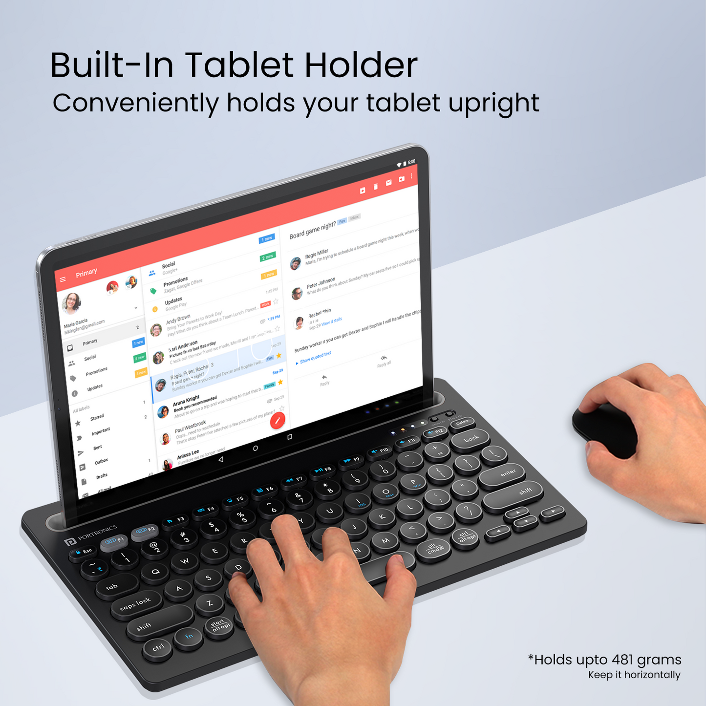 Black Portronics Bubble Dock laptop keyboard with an integrated tablet and smartphone holder slot, keeping your devices within easy reach for a clutter-free workspace