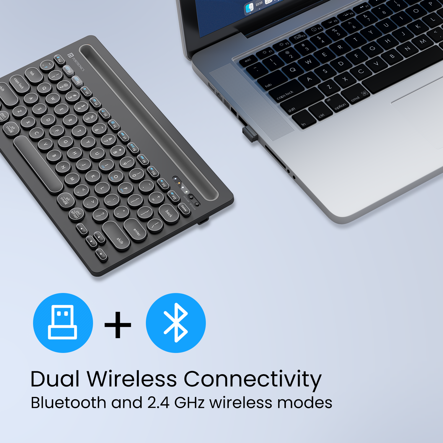 Black Portronics Bubble Dock laptop keyboard online, designed for seamless connectivity with laptops, tablets, and smartphones, making multitasking effortless