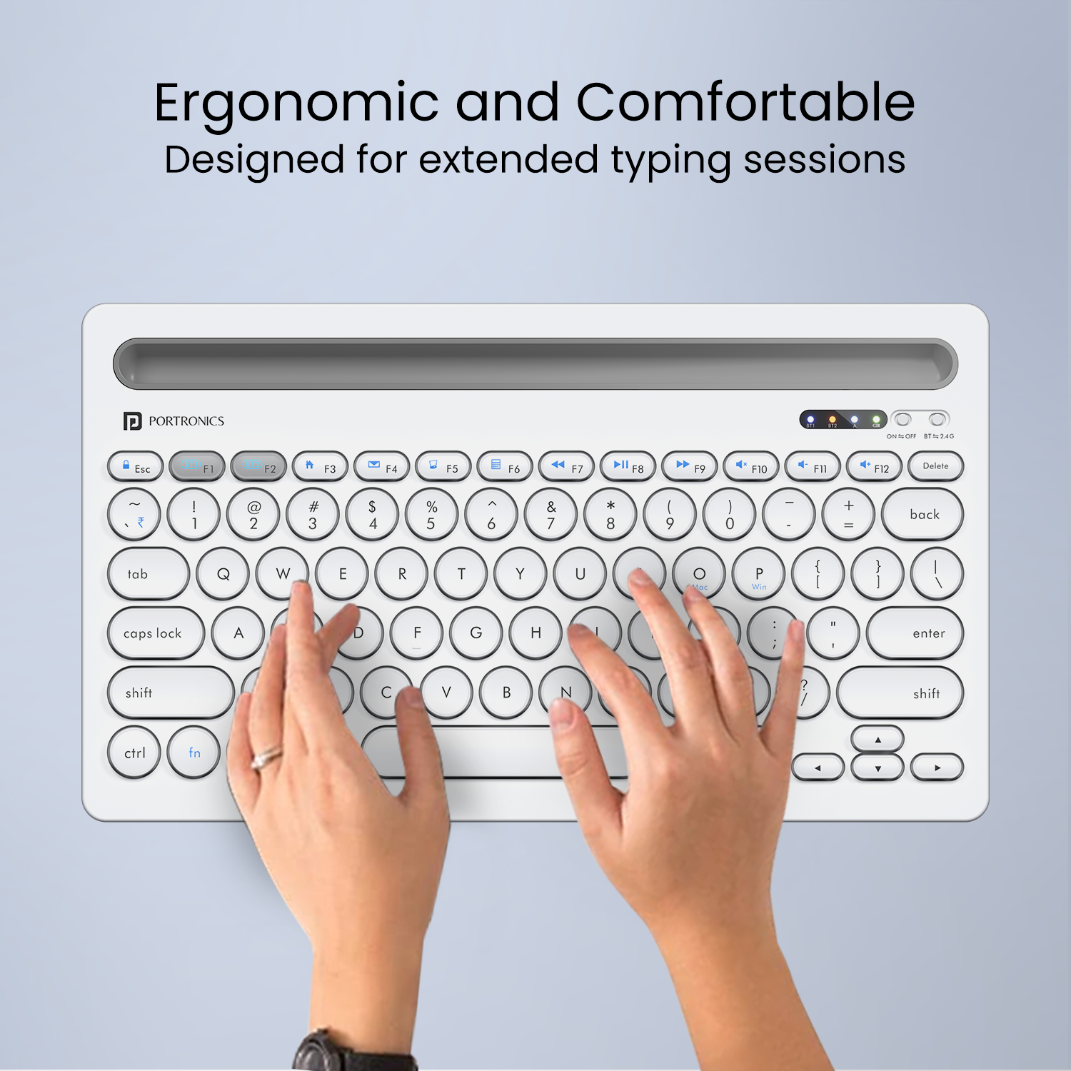 White Portronics Bubble Dock mini keyboard, designed for efficiency and portability, making it a great companion for travel, remote work, or compact desk setup
