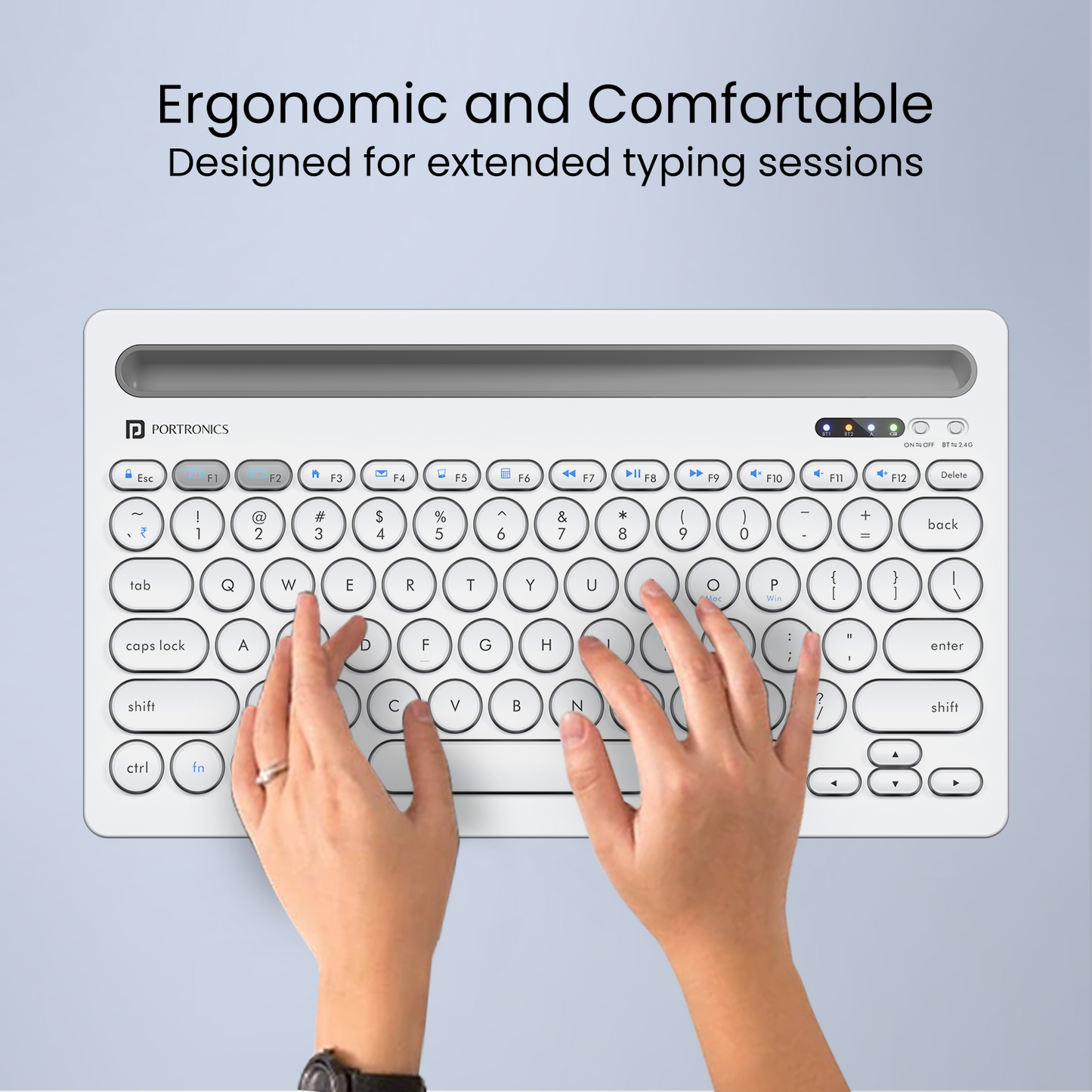 White Portronics Bubble Dock mini keyboard, designed for efficiency and portability, making it a great companion for travel, remote work, or compact desk setup