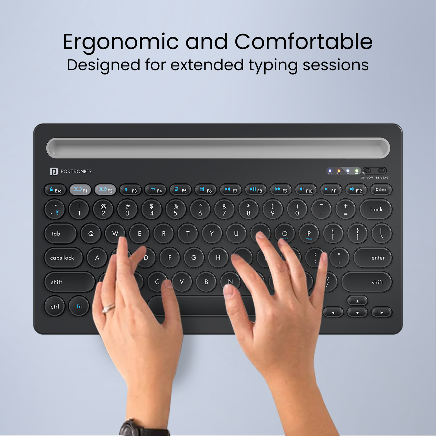 Black Portronics Bubble Dock mini keyboard with a compact ten keyless (TKL) design, saving desk space while providing a comfortable and efficient typing experience| Bluetooth keyboard for tablet online at best price