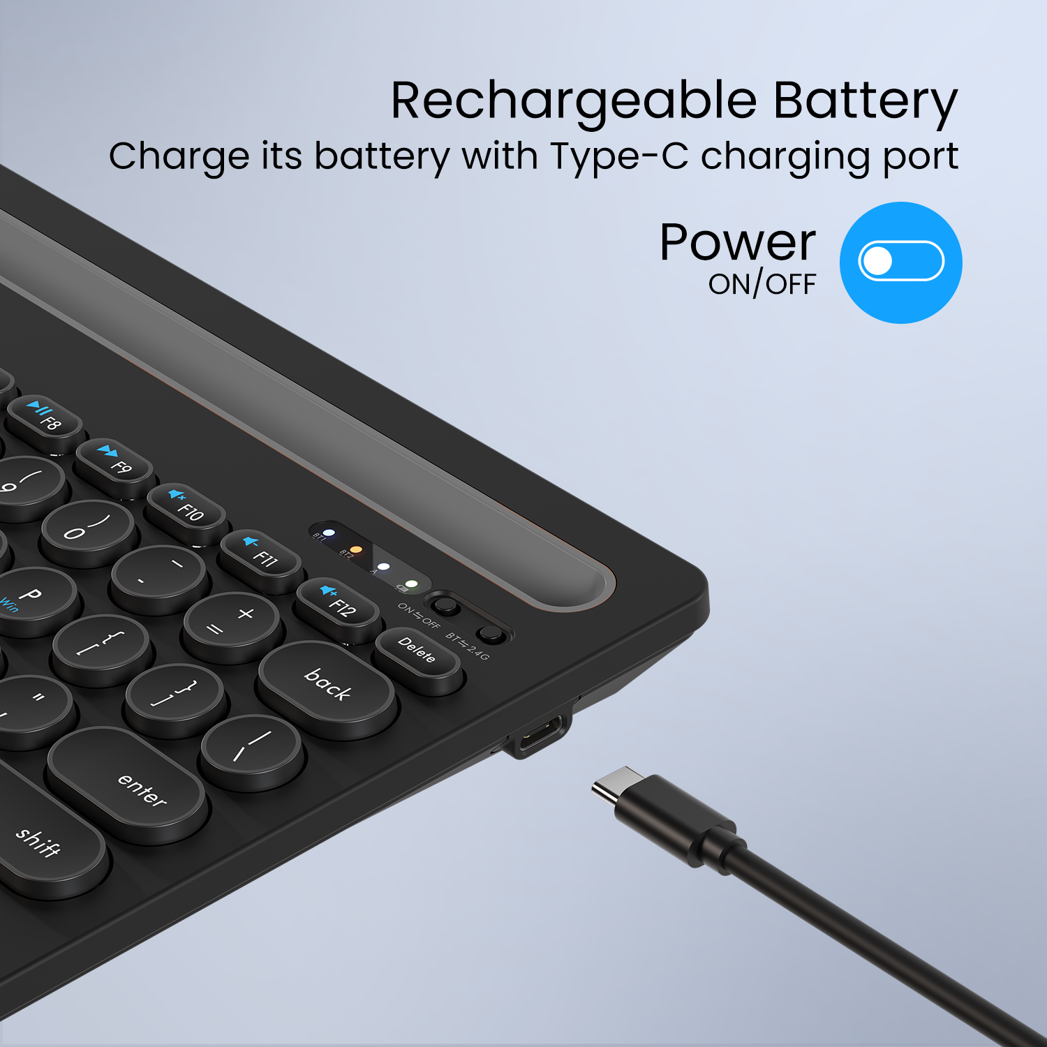 Black Portronics Bubble Dock rechargeable keyboard with long battery life, ensuring uninterrupted performance for work, study, or entertainment
