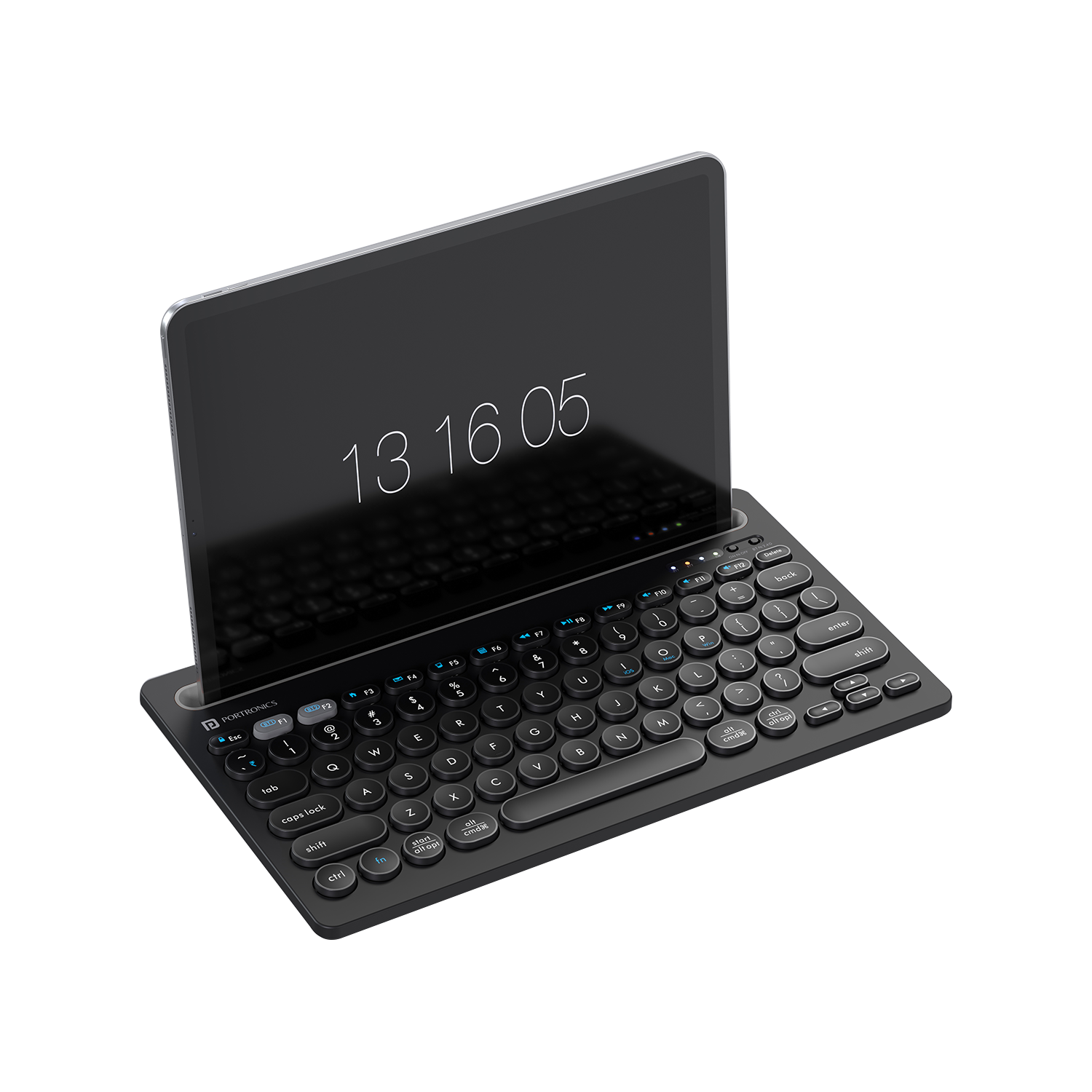 Black Portronics Bubble Dock tablet wireless keyboard, featuring dual wireless connectivity with 2.4 GHz and Bluetooth for a stable, lag-free typing experience on multiple devices.