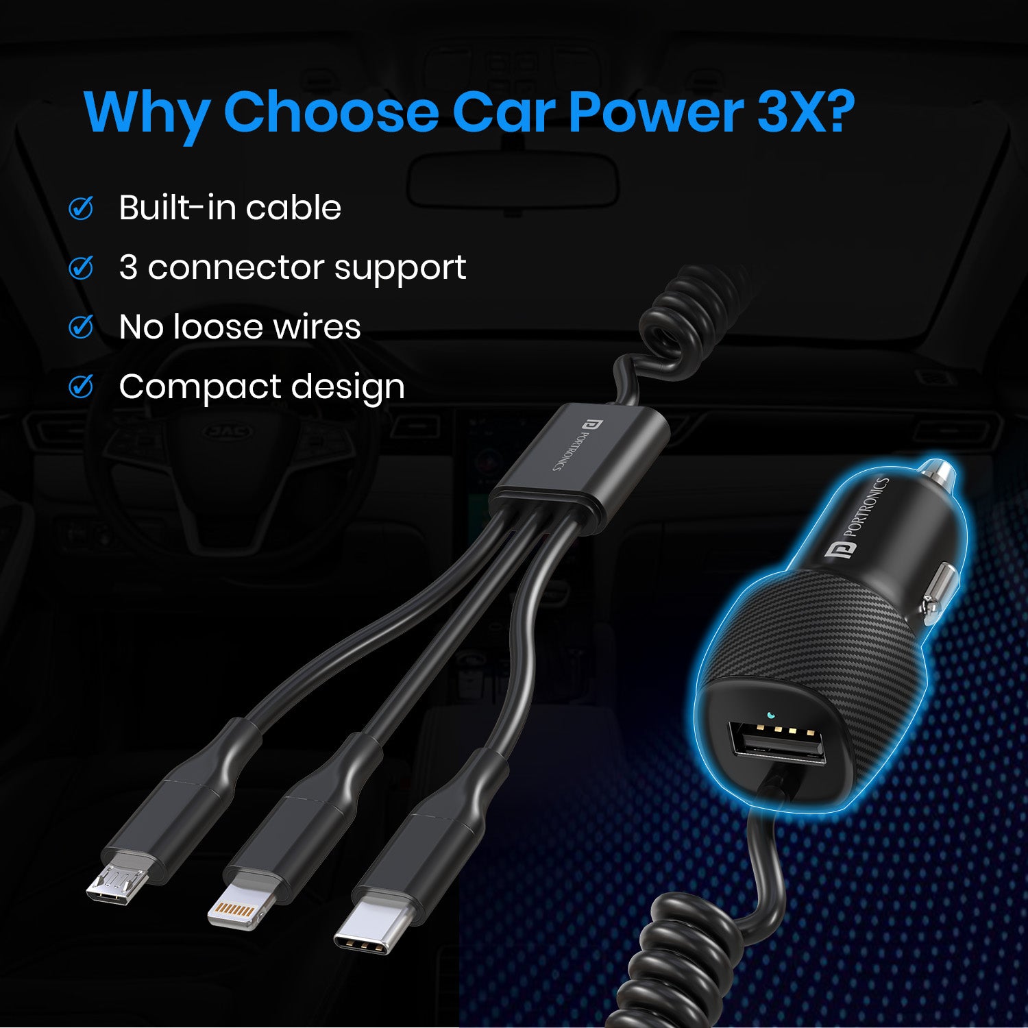 Portronics Car Power 3X car charger adapter | Expandable 1.8m coiled cable with compact dashboard-friendly design | car fast charger adapter and essential car accessories for long trips