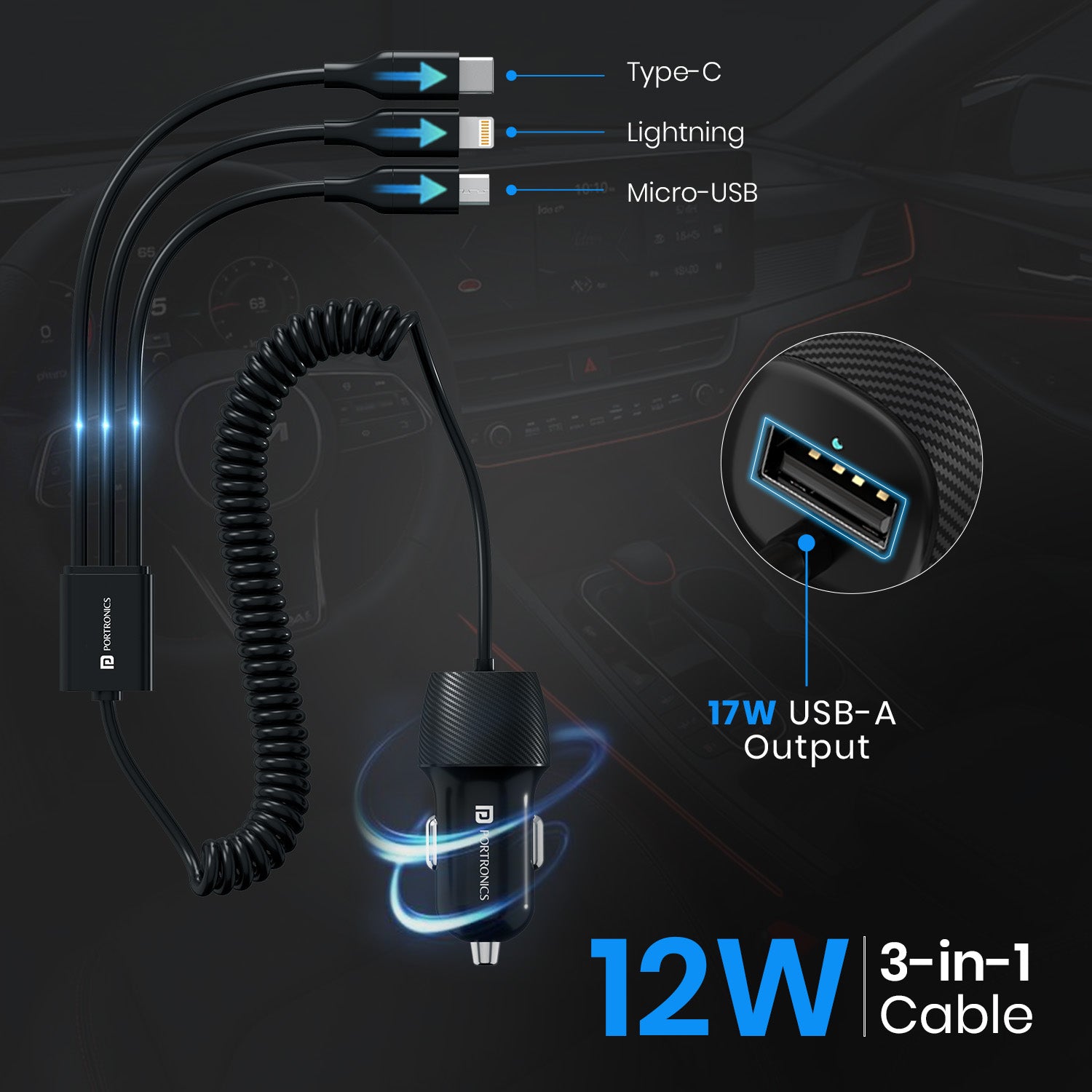 Portronics Car Power 3X car charger | Universal 12V 24V cigarette lighter compatibility with secure grip | reliable car accessories online option for all car models
