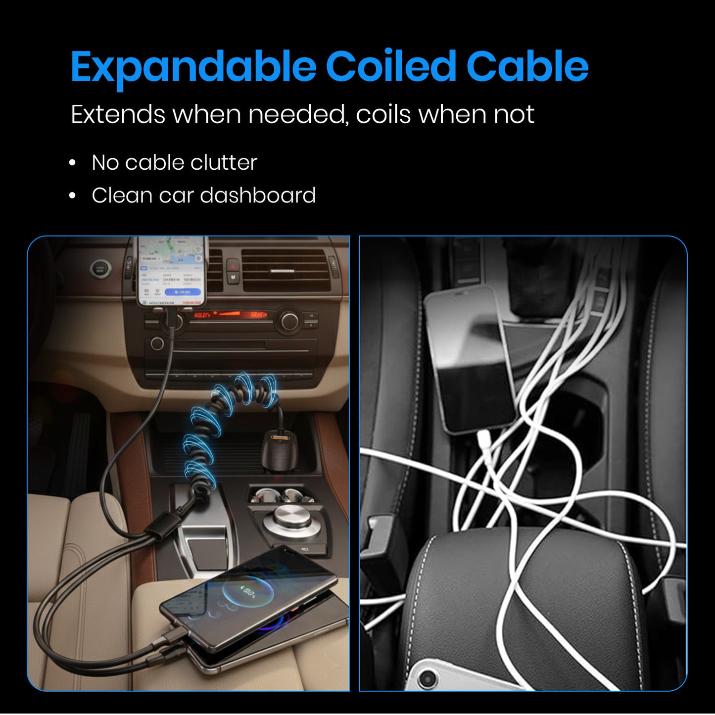 Portronics Car Power 3X car charger adapter | Expandable 1.8m coiled cable with compact dashboard-friendly design | car fast charger adapter and essential car accessories for long trips