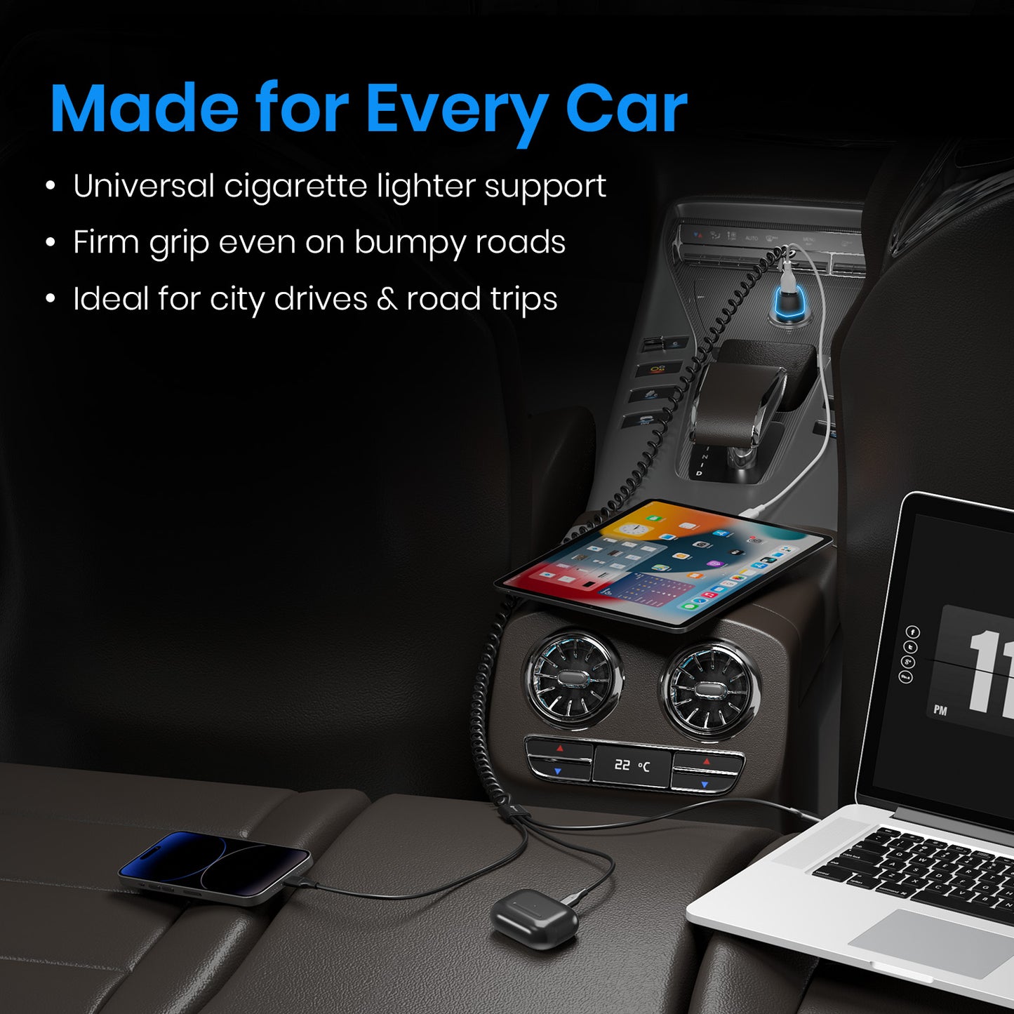 Portronics Car Power 3X car power accessory | Space-saving charger with clutter-free cable management | car dashboard accessories designed for clean and organized interiors