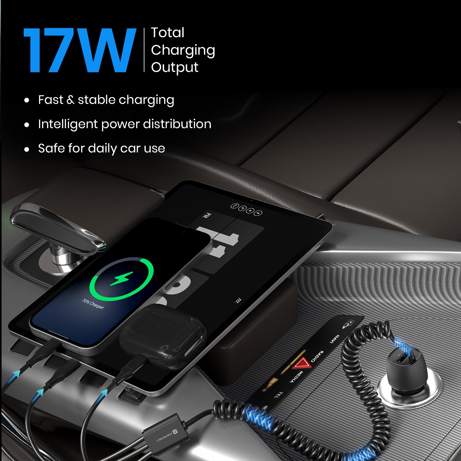 Portronics Car Power 3X fast charging car charger | Multi-device charging support without carrying extra cables | car charger price value accessory for families and daily commuters