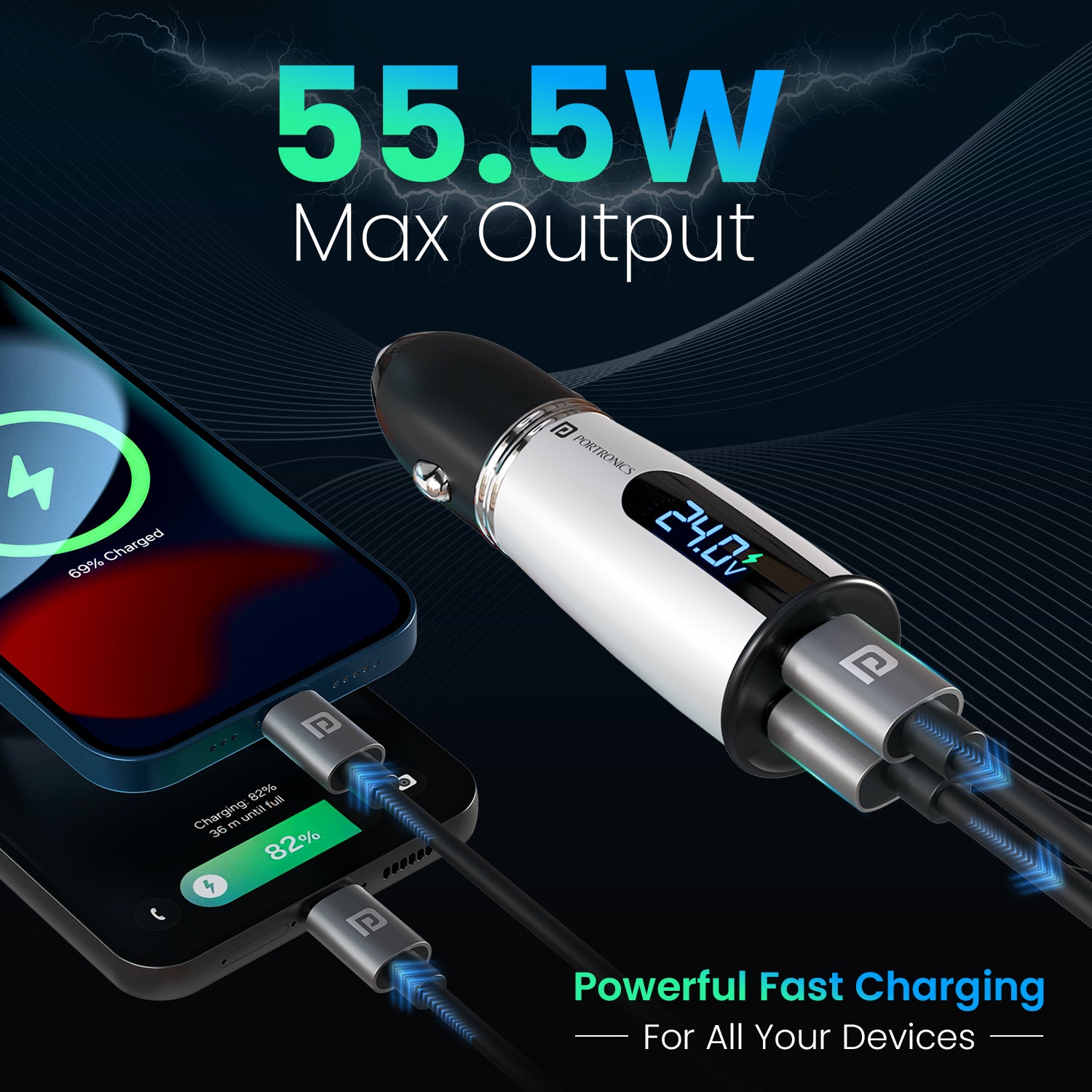 Portronics Car Power Armour 55.5W Fast Car Charger | Car Charger Adapter Type C | Fast Car Charger for iPhone, Android, Tablets | Multi-Purpose Travel Charger with Emergency Glass Breaker | Car Accessories Online